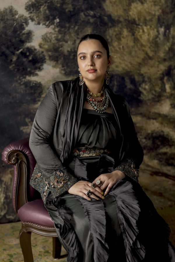 Kina Balu Draped Collar Gown with pleated frills and hand-beading, paired with an embroidered jacket for an elegant look