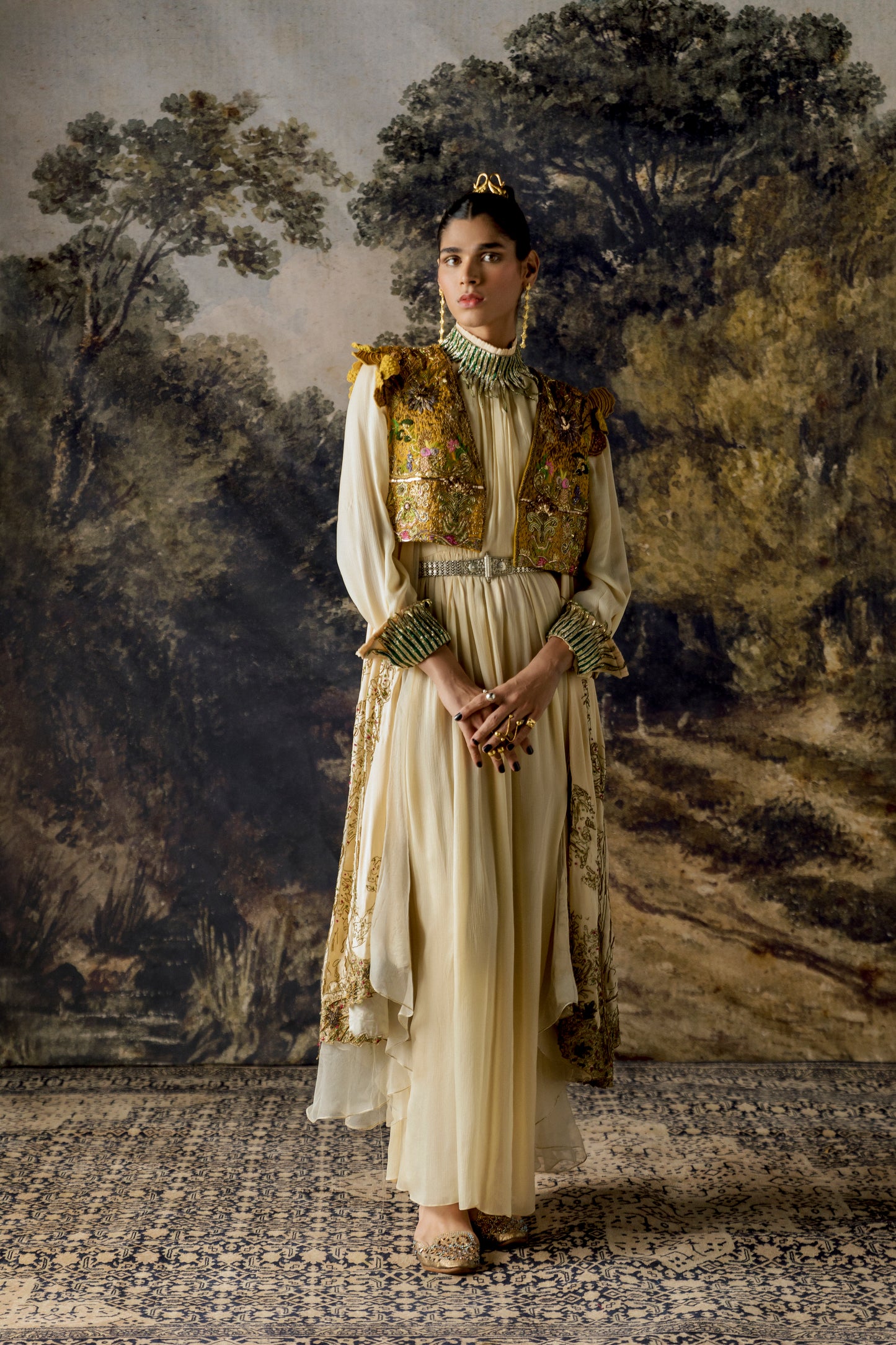 Rumi Gown with cape and cropped jacket, highlighting metallic embroidery and rich handwork details