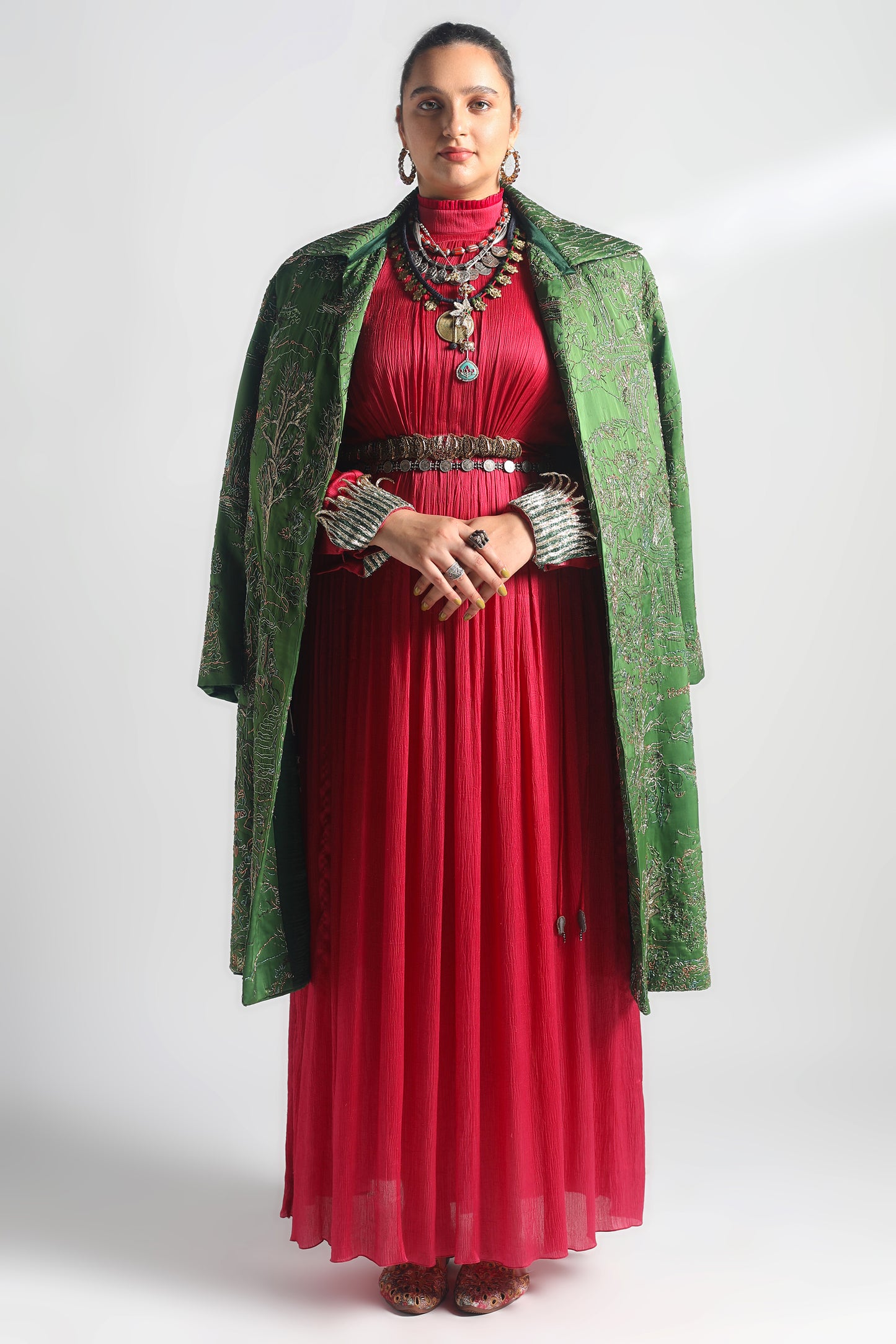 Valdivian Robe Coat with zardosi embroidery paired with a Rumi Pink Gown for a stylish and elegant look