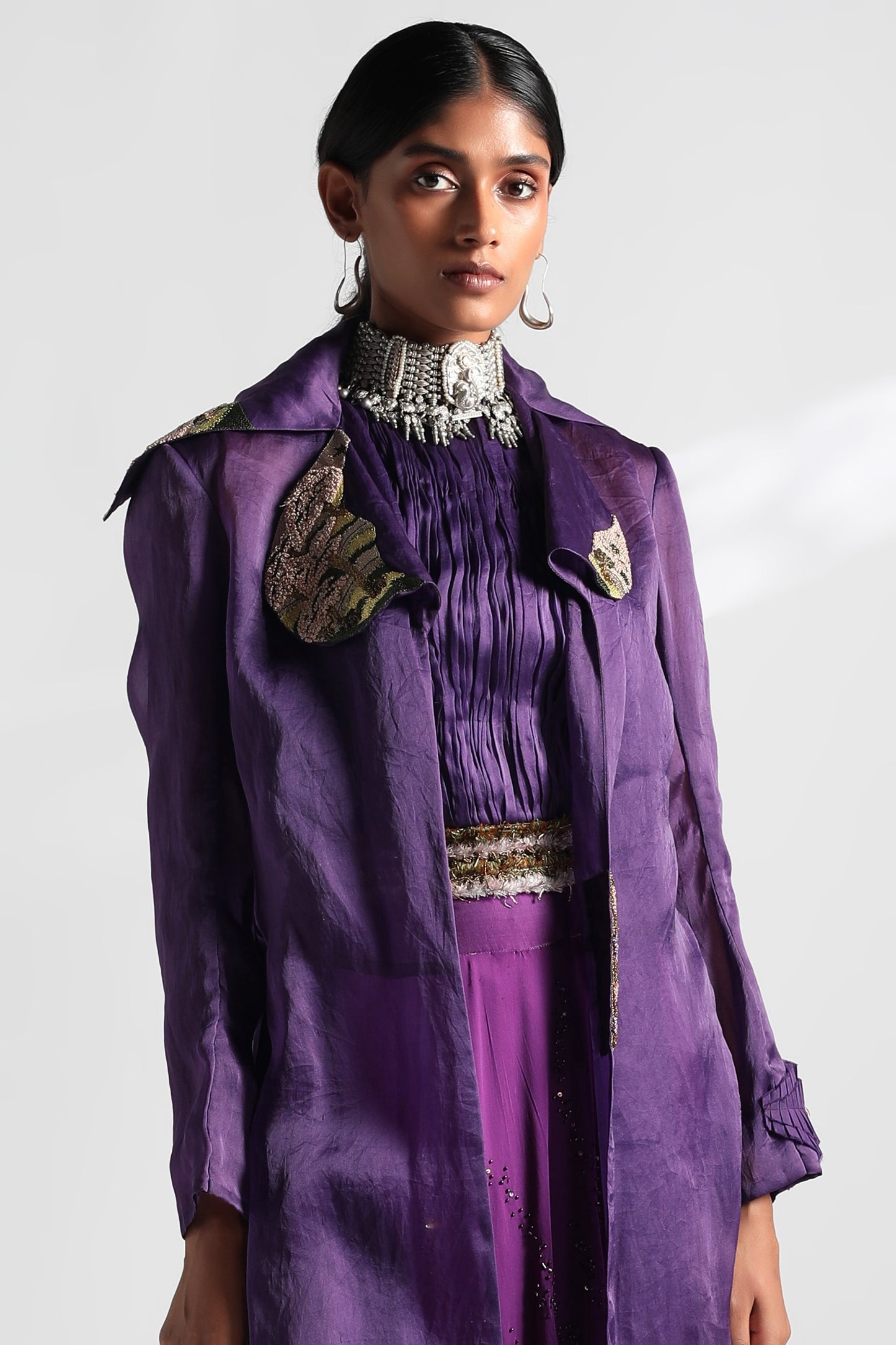 Embroidered Jacket and Skirt Set for women with a ruching top and embroidered 2-tier skirt, offering a stylish and elegant look