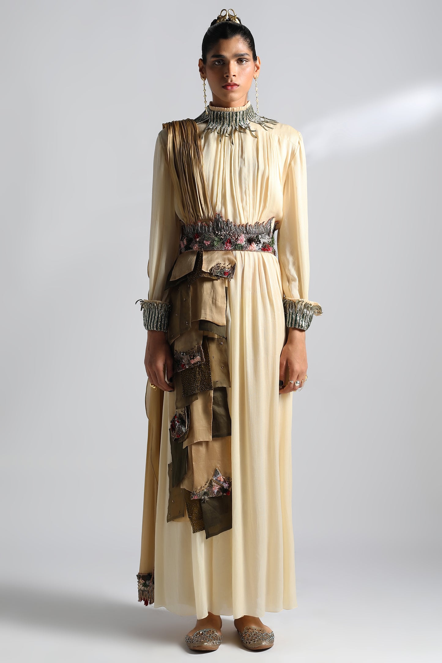 Rumi Gown with dupatta and belt featuring dual-tone metallic embroidery and textured details for an elegant look