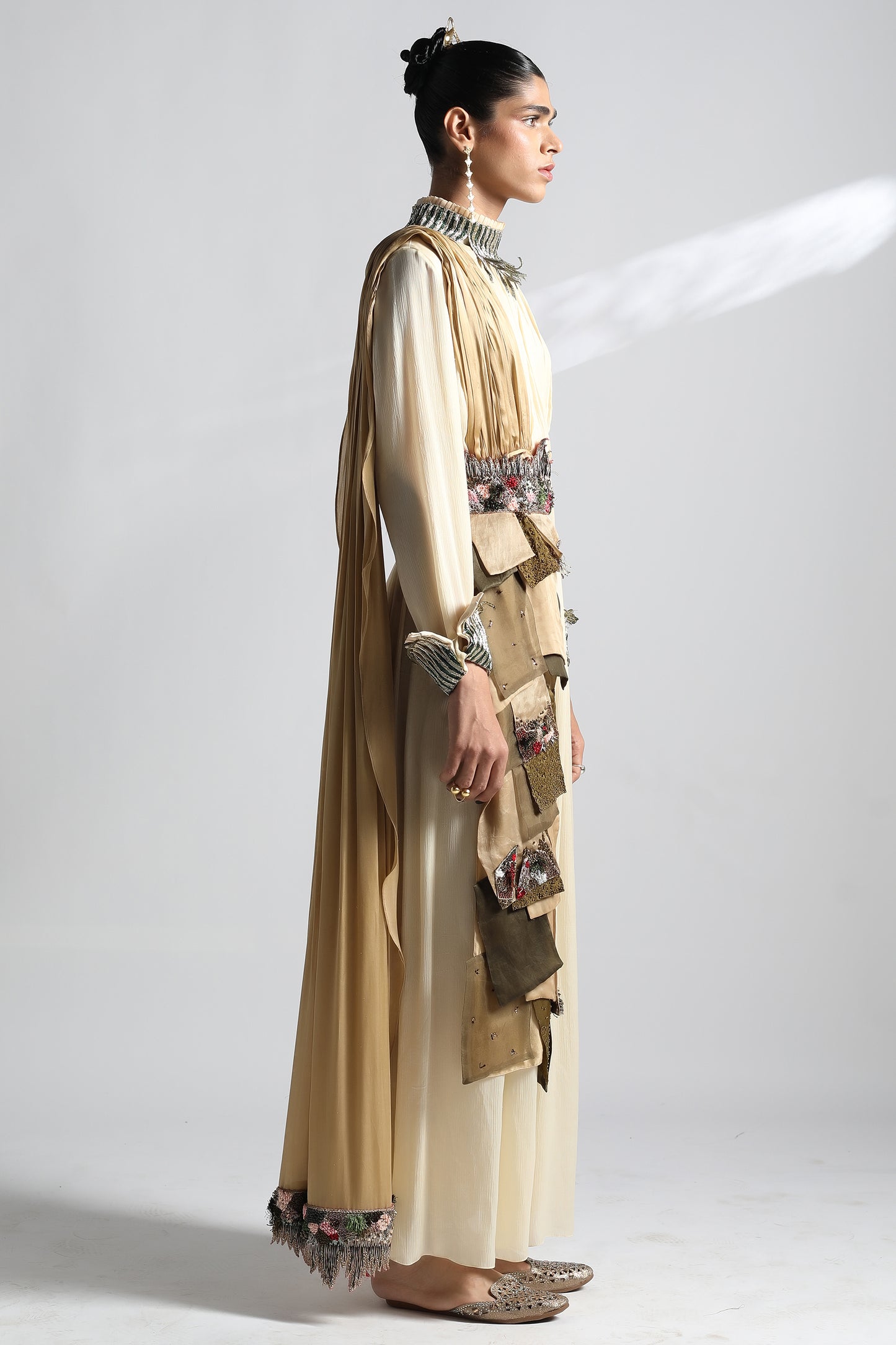 Side view of the Rumi Gown with dupatta and belt, emphasizing the gown’s silhouette and embroidery