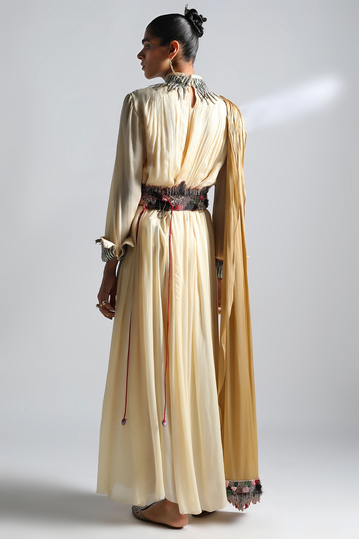 Back view of the Rumi Gown with dupatta and belt, showcasing the gown's fit and flowing dupatta