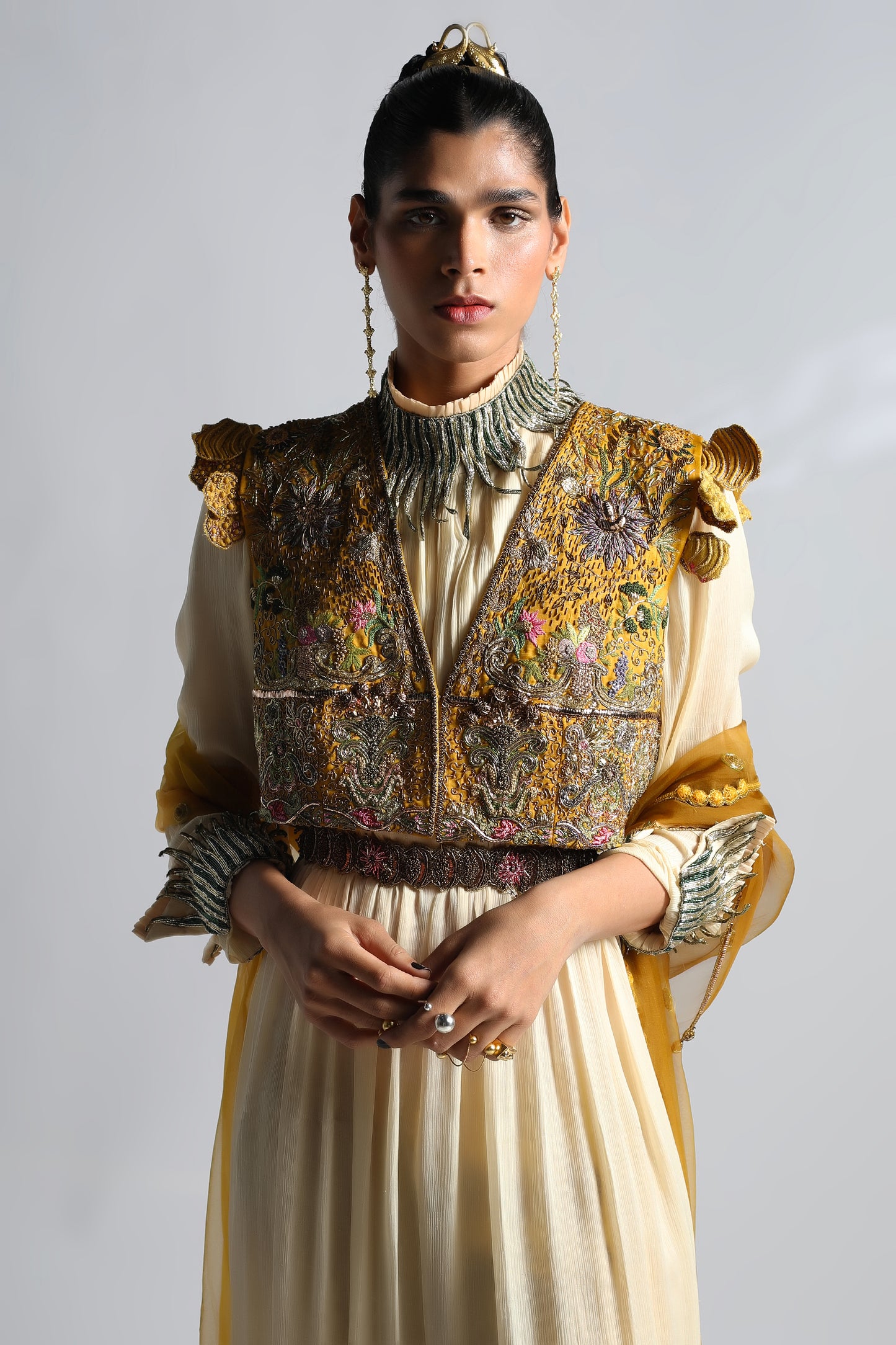Close-up of the Rumi Gown with cropped jacket, dupatta, and belt, highlighting the elegant design