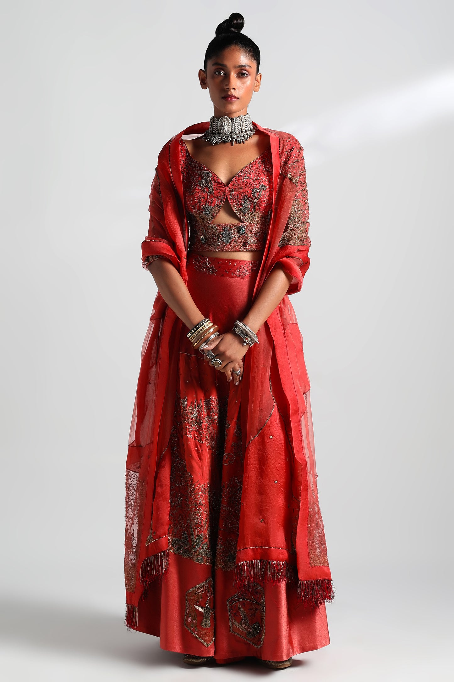 Valdivian Lehenga and Dupatta Set with Cutout Blouse featuring hand-embroidered zardozi and threadwork, perfect lehenga blouse set