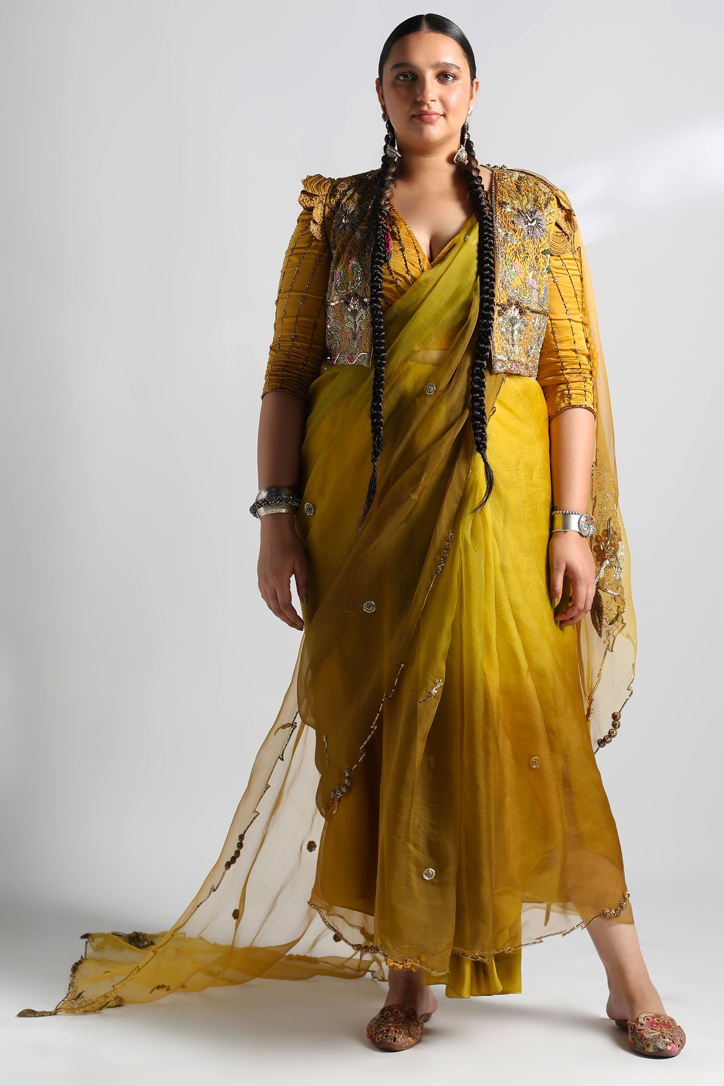 Paro Sari with Cropped Jacket for Women featuring Zardosi handwork and floral designs, perfect women's saree jacket for a chic look