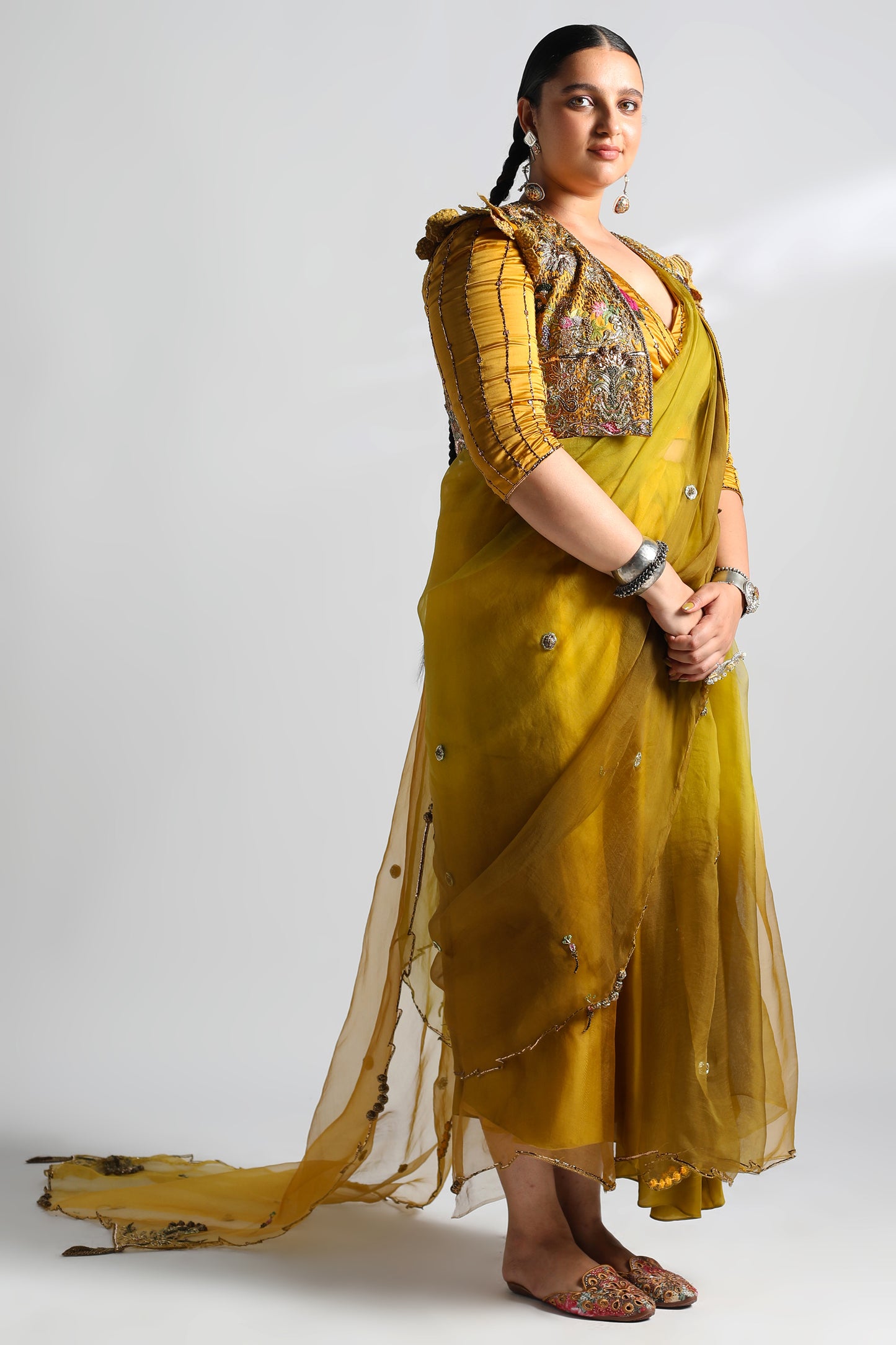 Paro Sari with Cropped Jacket for Women, showcasing the Zardosi handwork and floral embroidery on the sari and jacket