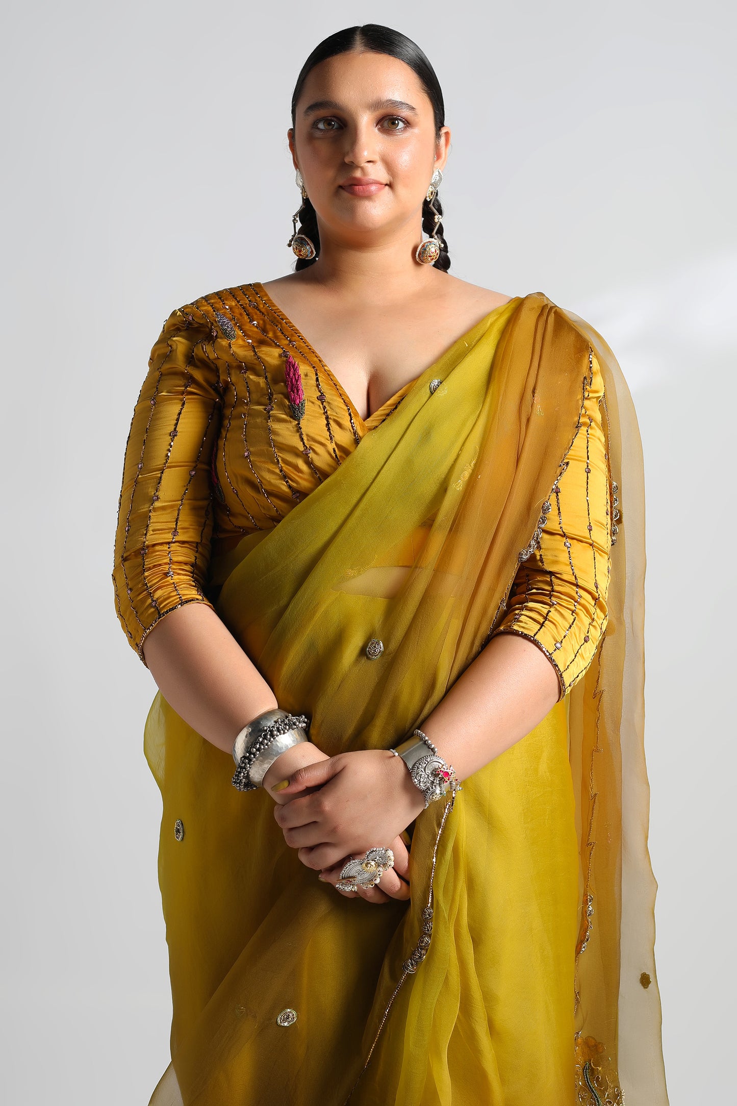 Paro Sari with Jacket in Dandelion Yellow featuring Mukaish work and floral motifs, a stylish women's saree jacket set to elevate your style