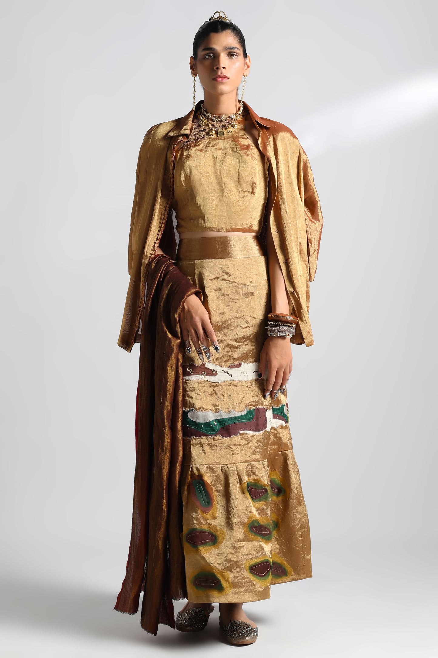 Exquisite Lehenga Set for women featuring a stylish shirt, modern blouse, skirt, and luxurious Zari Pashmina stole