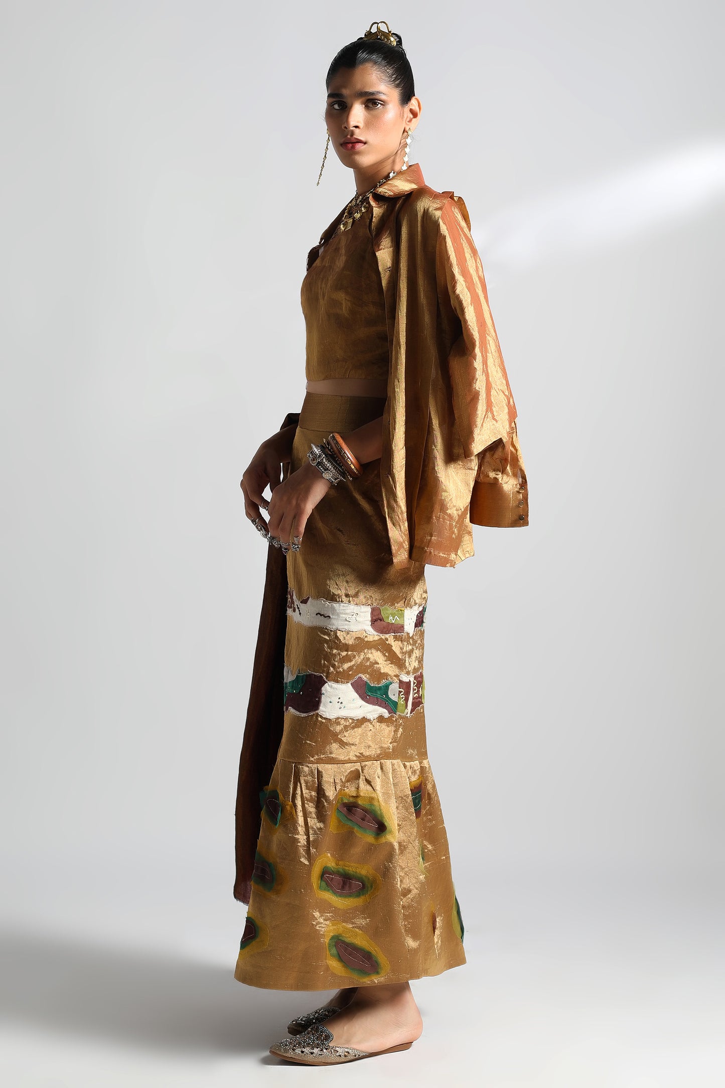 Side view of the Lehenga Set highlighting the blouse, skirt, and luxurious Zari Pashmina stole