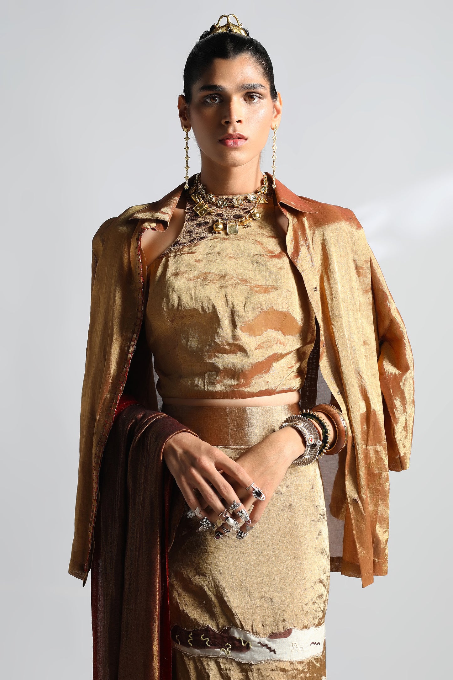Close-up of the intricate handwoven fabric and Zari Pashmina details on the stole of the Lehenga Set