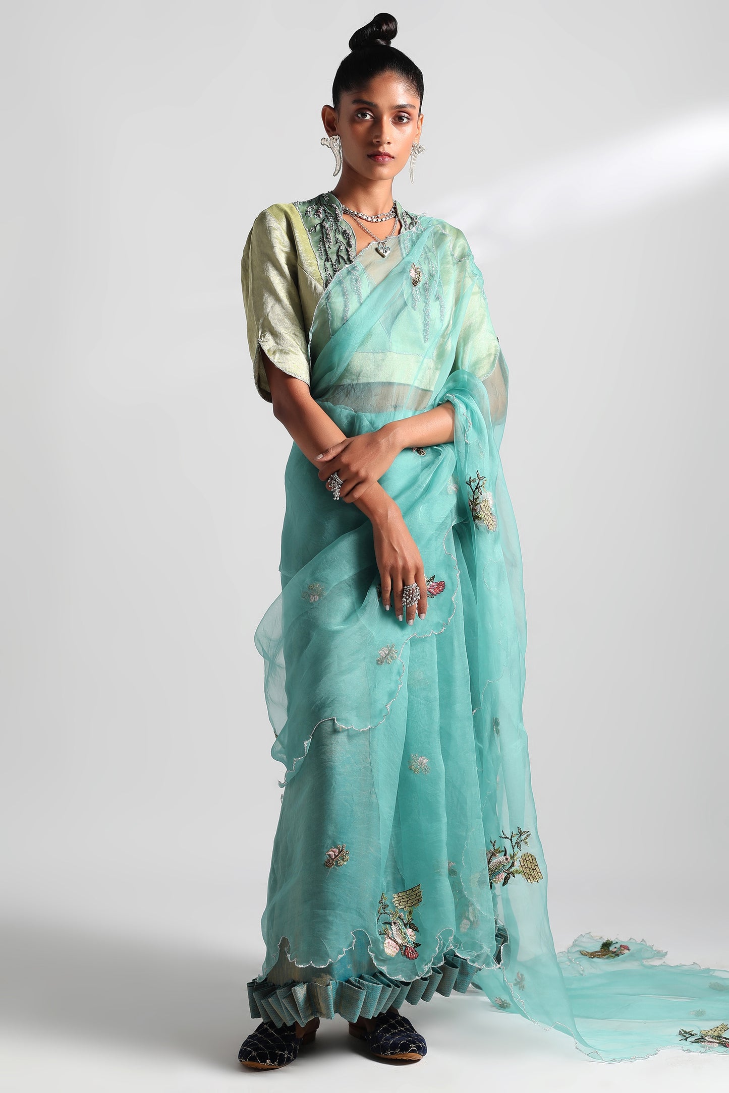 Nilgiris saree set with Chanderi tissue blouse and vibrant hummingbird border for women