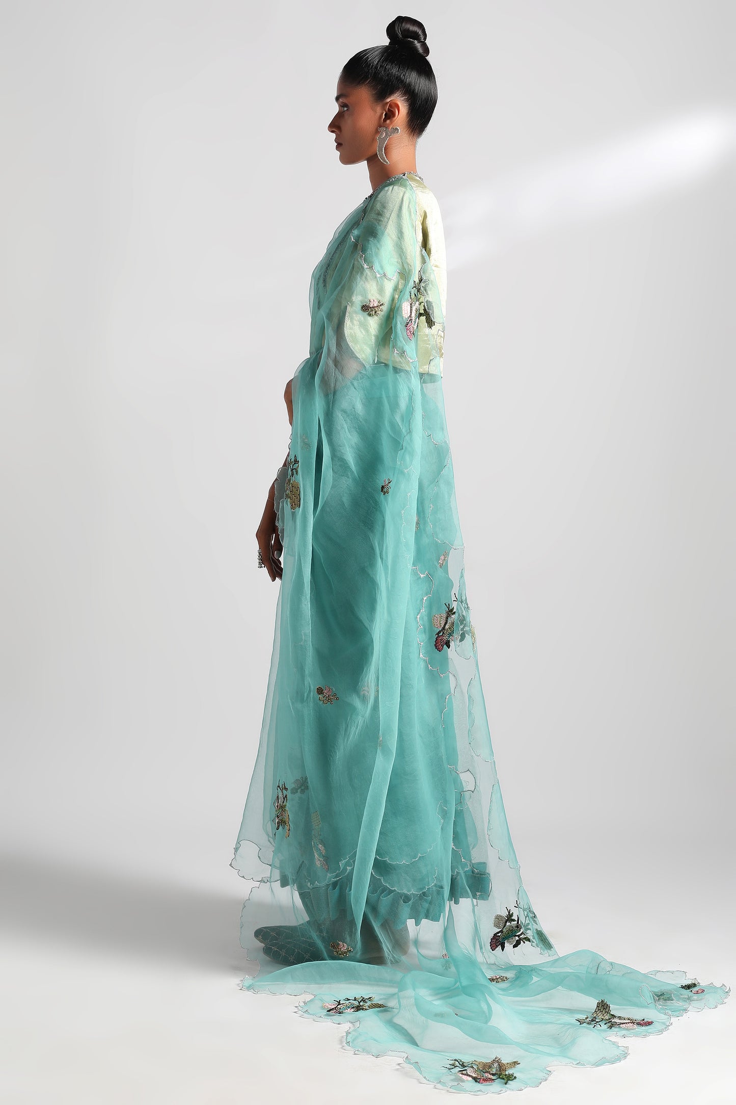 Side view of saree set with Chanderi blouse and intricate hummingbird border