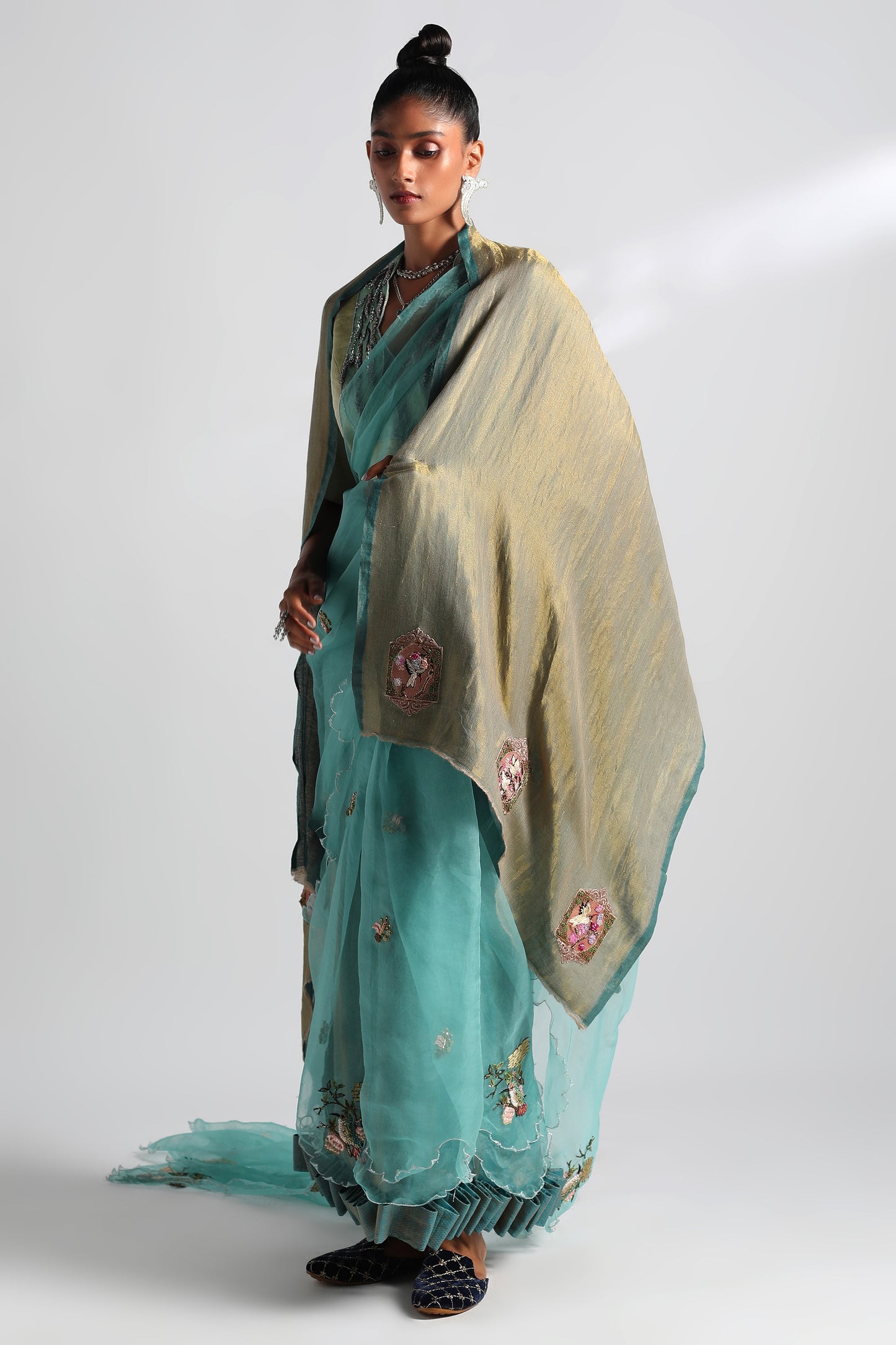 Nilgiris Sari with Chanderi Tissue Blouse and Hummingbird Pashmina Stole