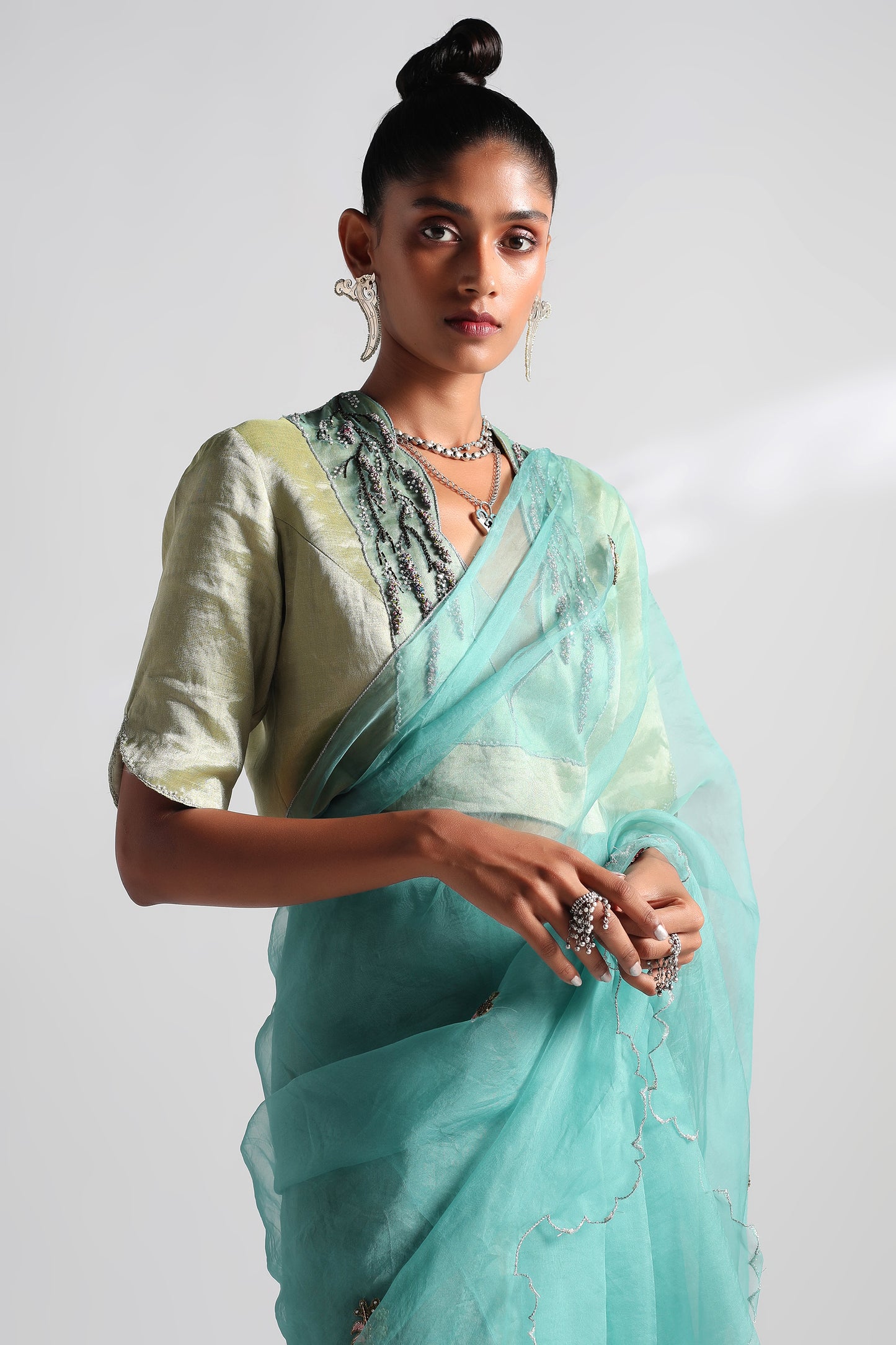 Close-up of Chanderi tissue blouse and vibrant hummingbird border on saree