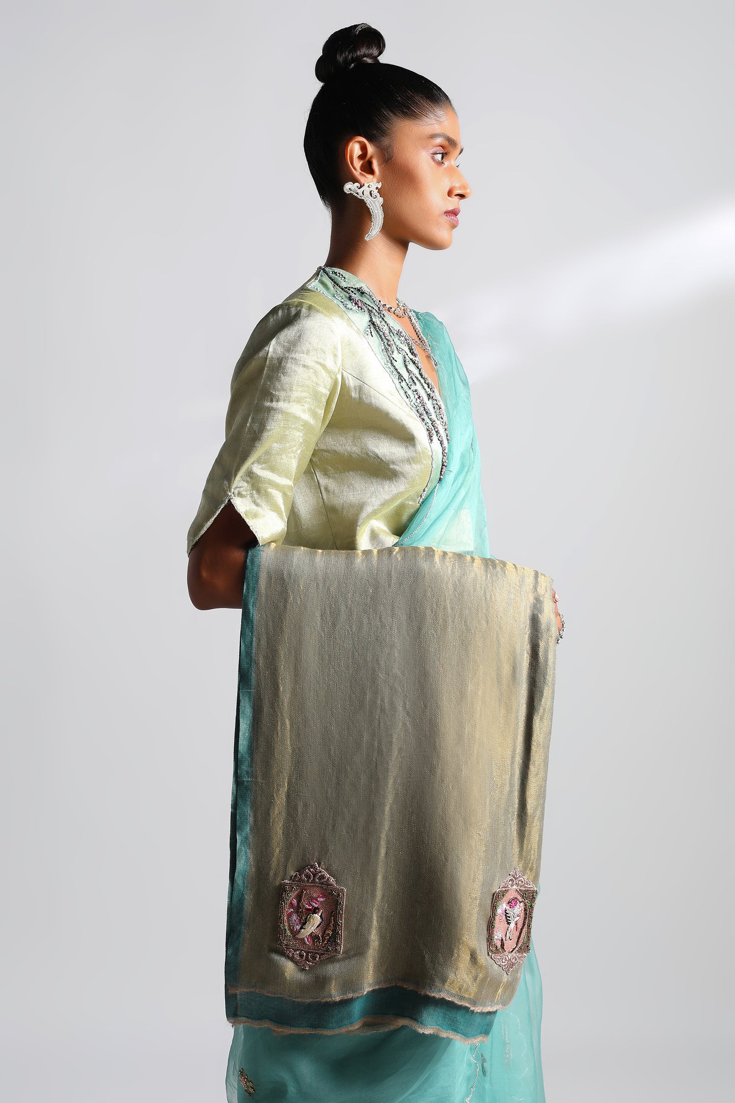Side view of saree set with Chanderi blouse and pashmina stole for women