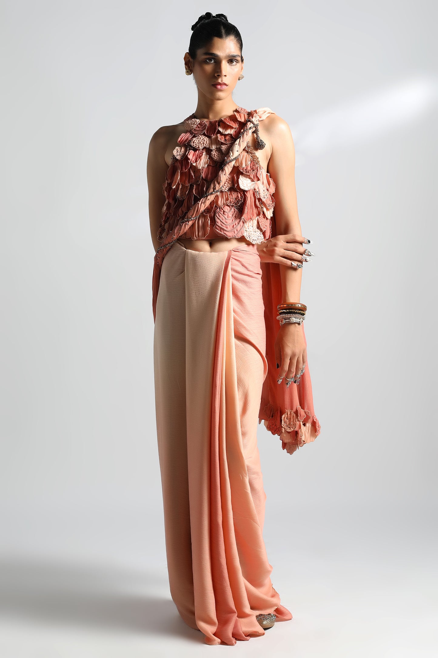 Mima Mounds top saree set with Rosenberg sari, featuring hand-cut 3D leaves and crystal embellishments