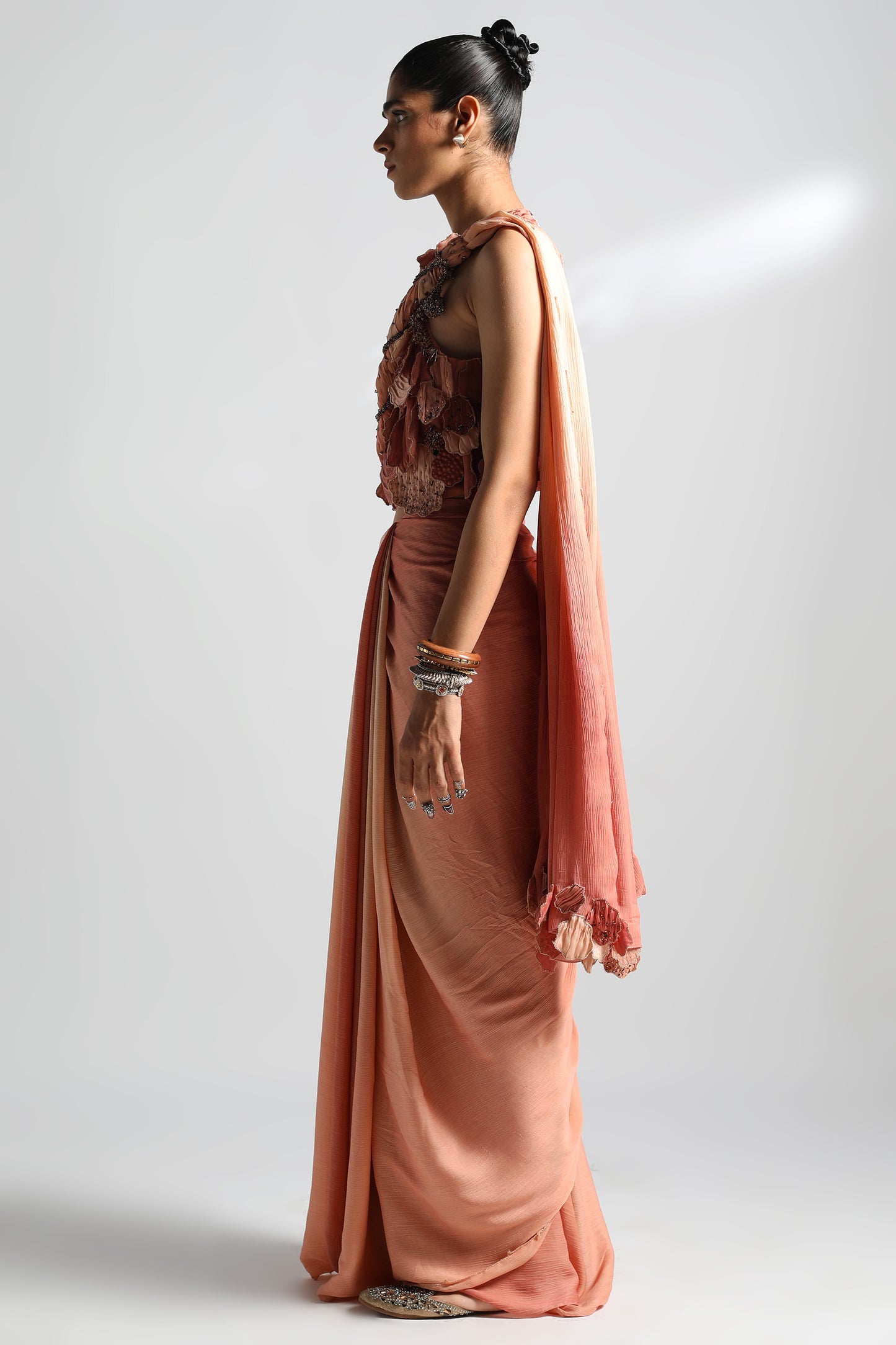 Side view of top saree set with Mima Mounds blouse and Rosenberg sari with 3D leaf detailing