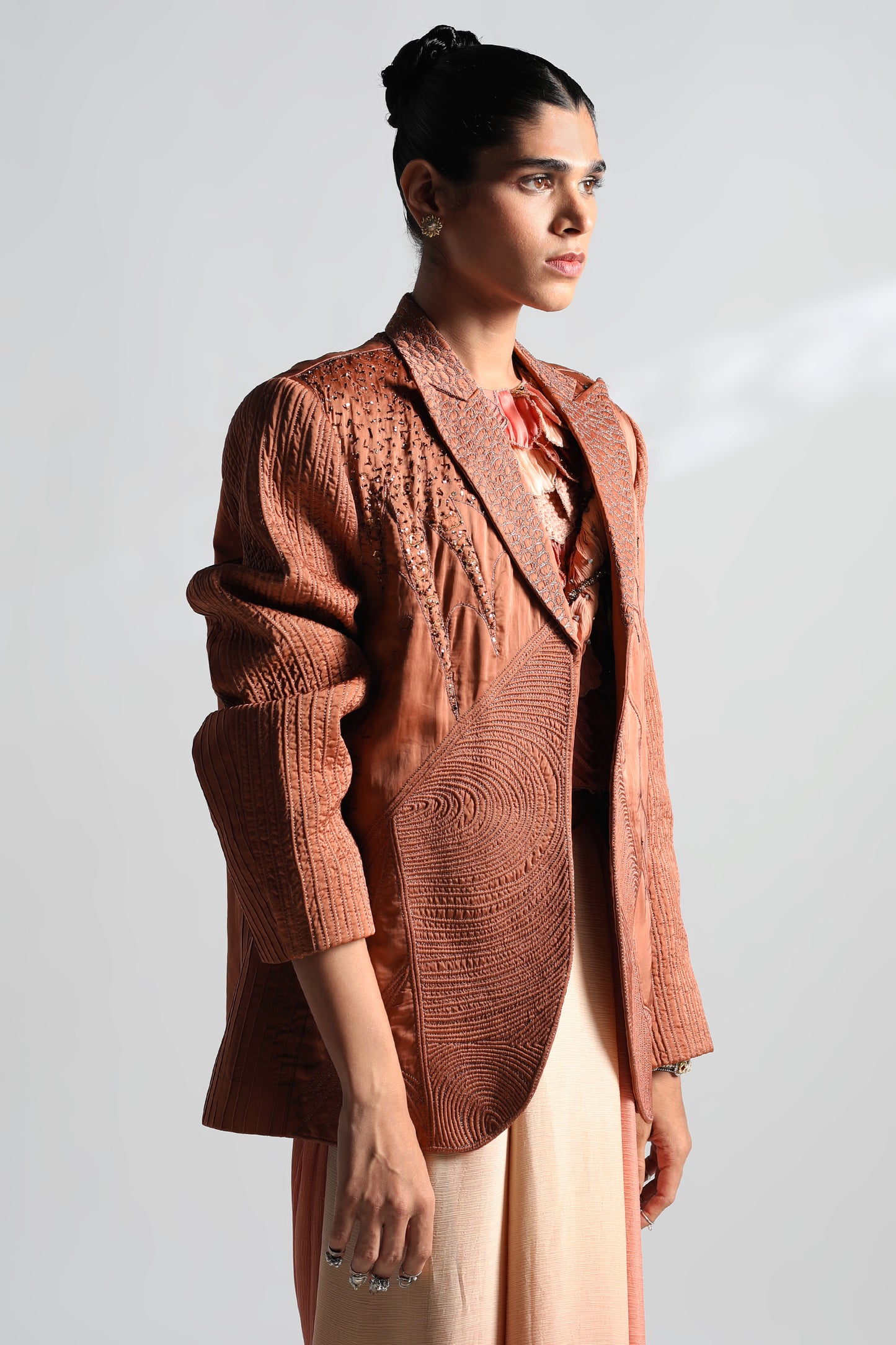 Close-up of Mukaish work on Jaisalmer jacket and saree blouse