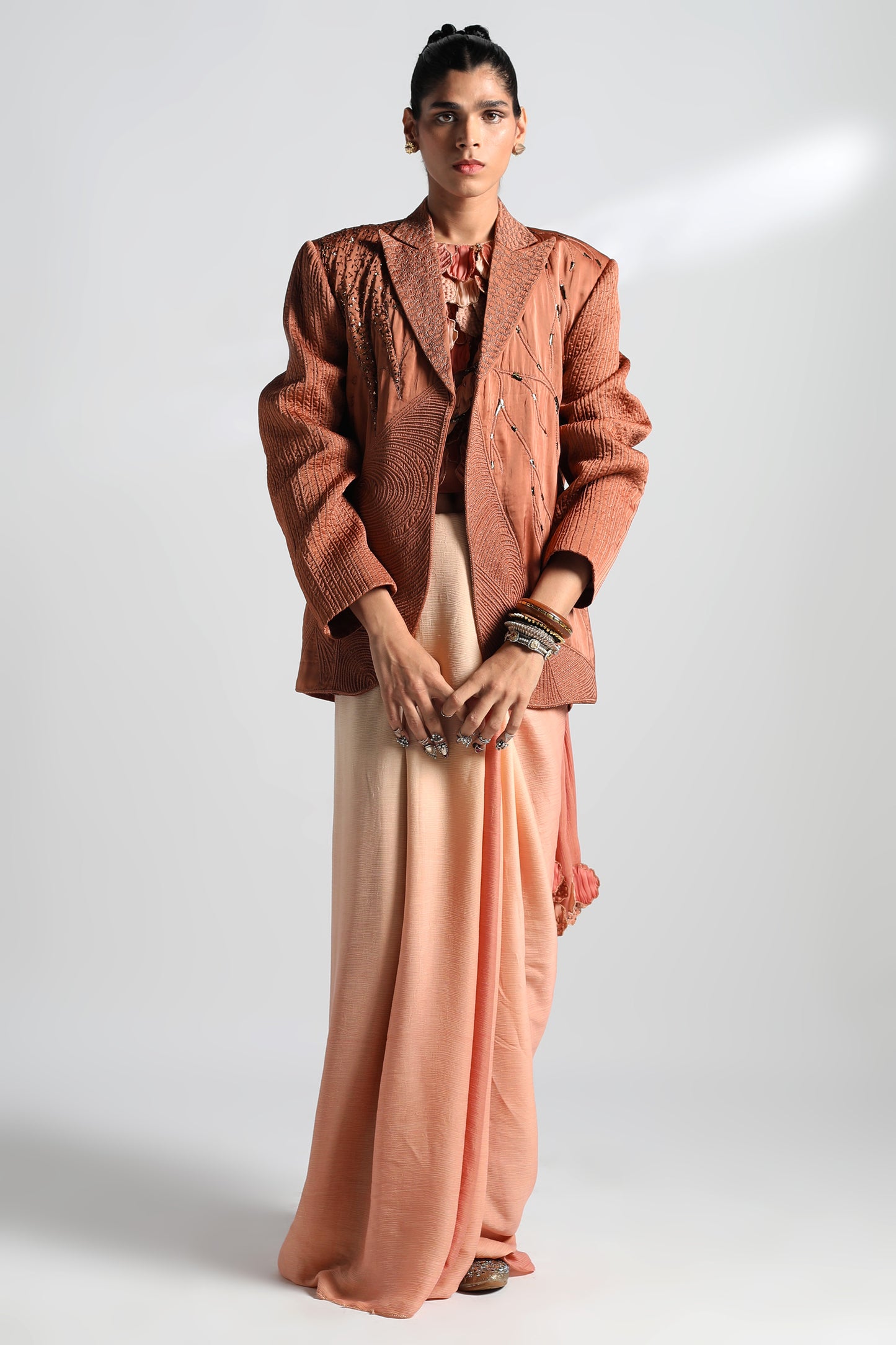 Top saree with Mima Mounds blouse, Rosenberg sari, and Jaisalmer jacket featuring Mukaish work