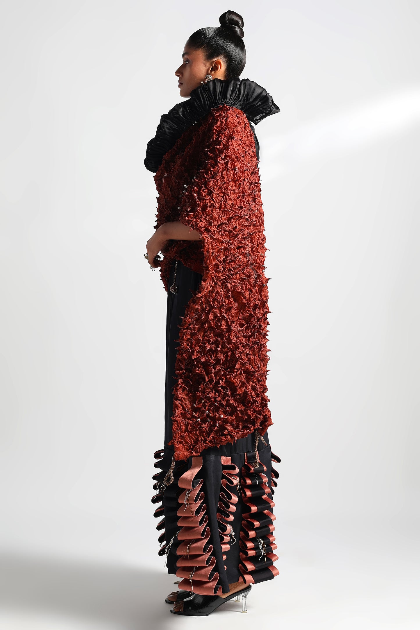 Side view of Wind crop top and skirt set with Lamp Chime skirt and Mulch stole draped elegantly