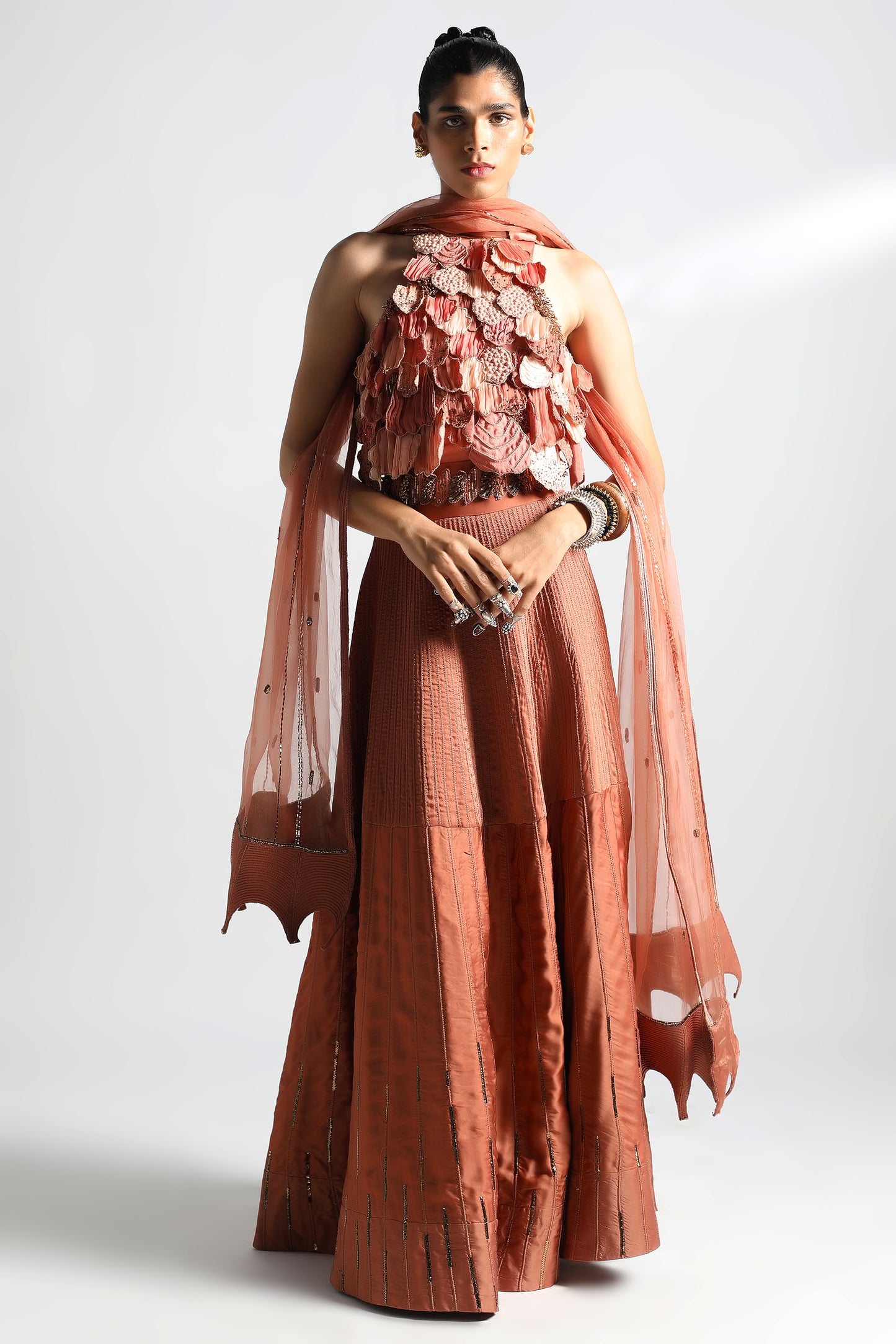 Top lehenga set with Mimamounds blouse, Jaisalmer dori work lehenga, and Mukaish organza dupatta