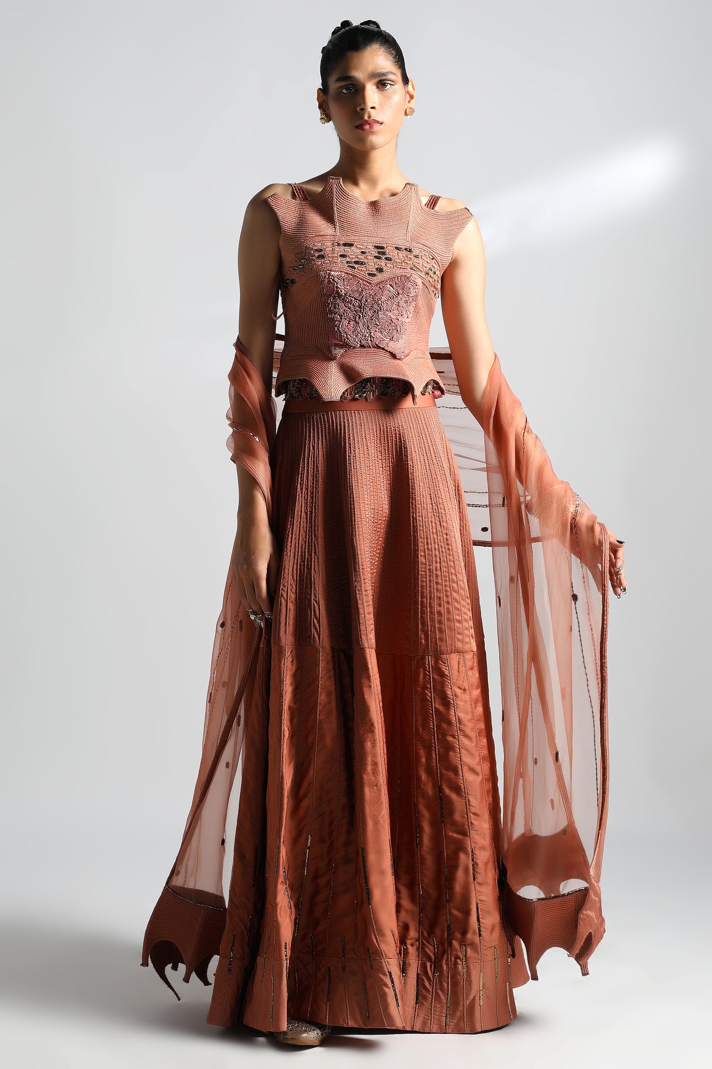 Jaisalmer corset lehenga set with intricate dori textures and Mukaish motifs