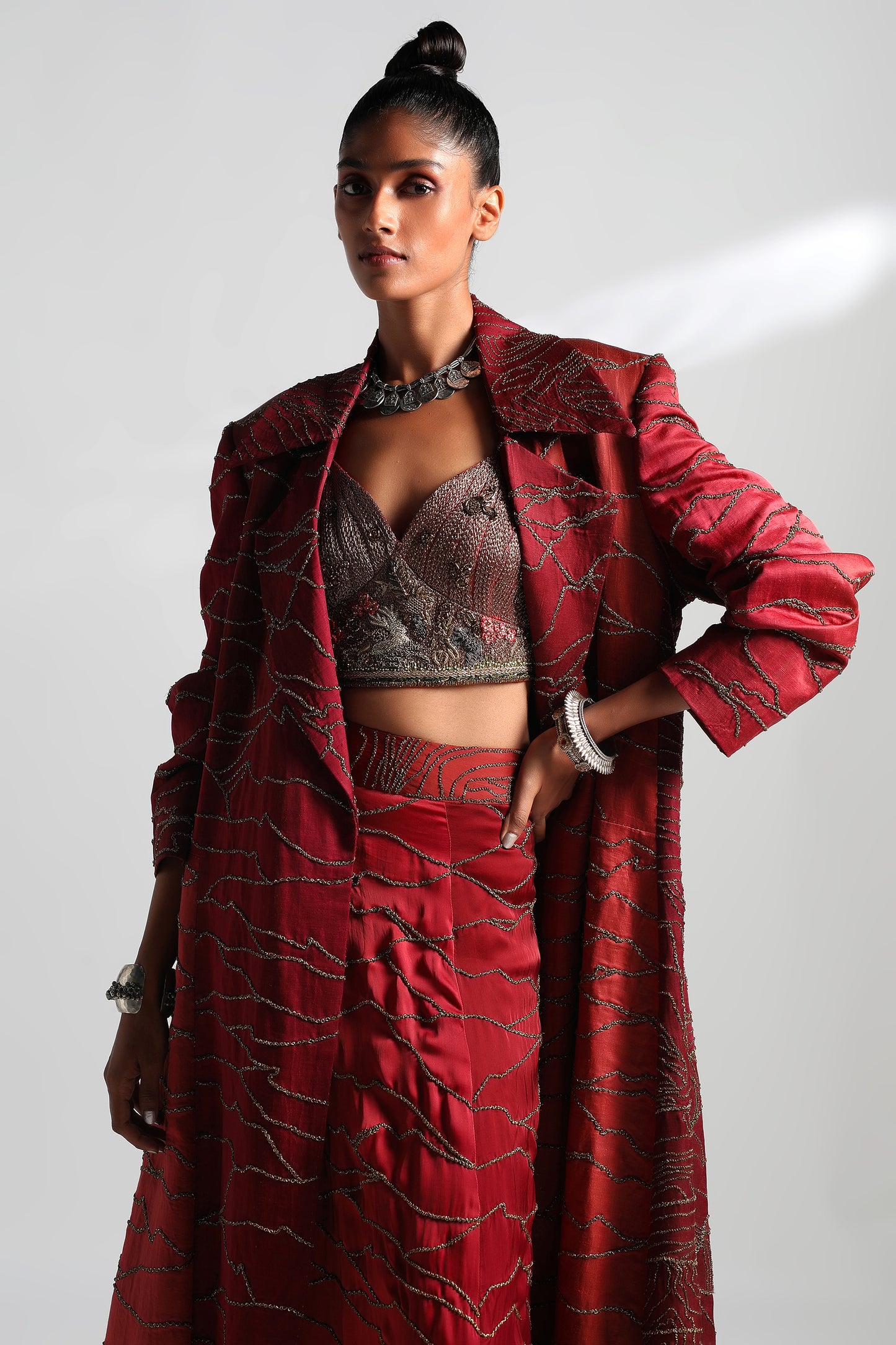Namib sherwani overcoat set with lehenga, metallic blouse, and dupatta