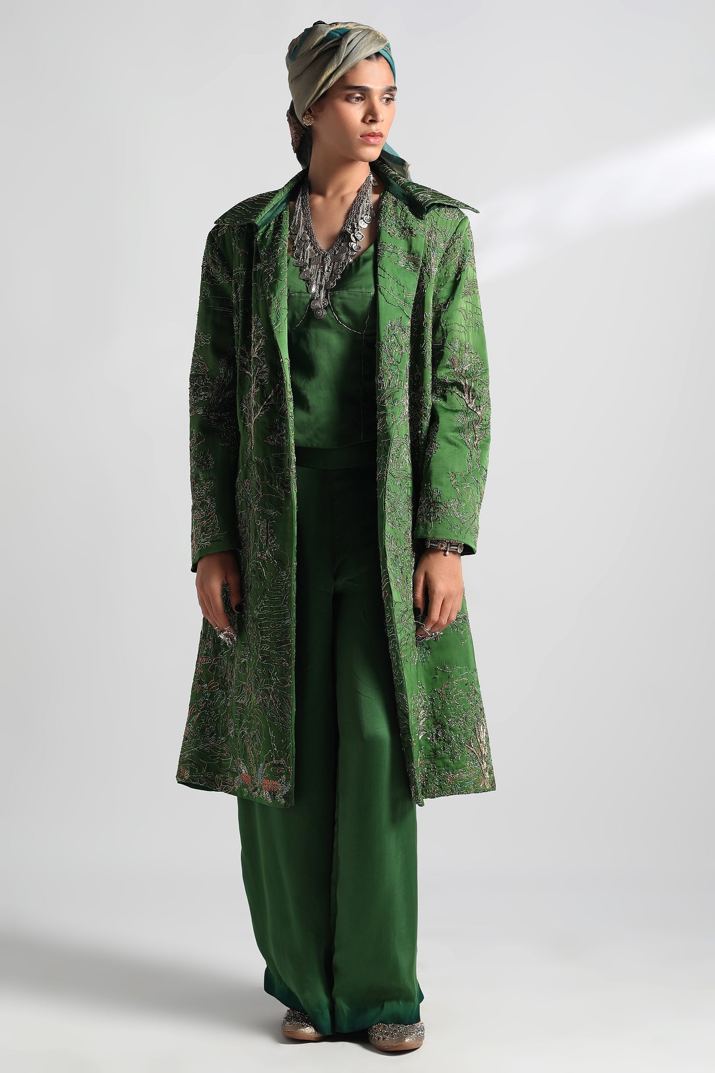 Valdivian corset top and women's trousers co-ord set in sustainable satin with metallic embroidery