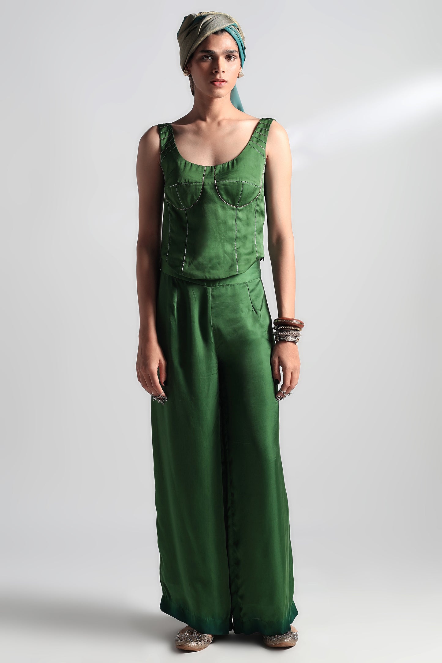 Valdivian corset top and women’s trousers co-ord set in sustainable satin with metallic embroidery