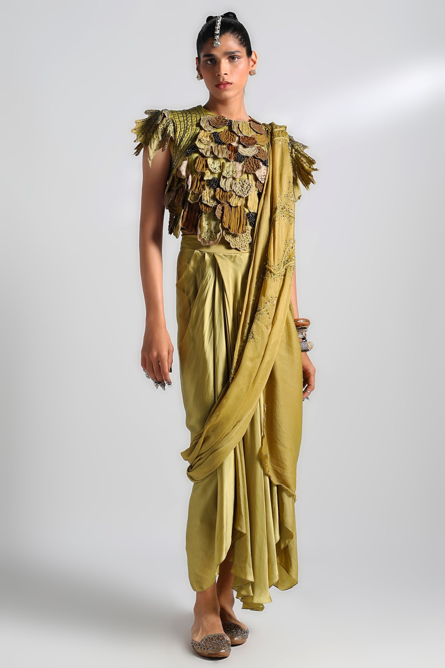 Mima Mounds skirt and top set for women with stole, featuring leaf patchwork and hand beading