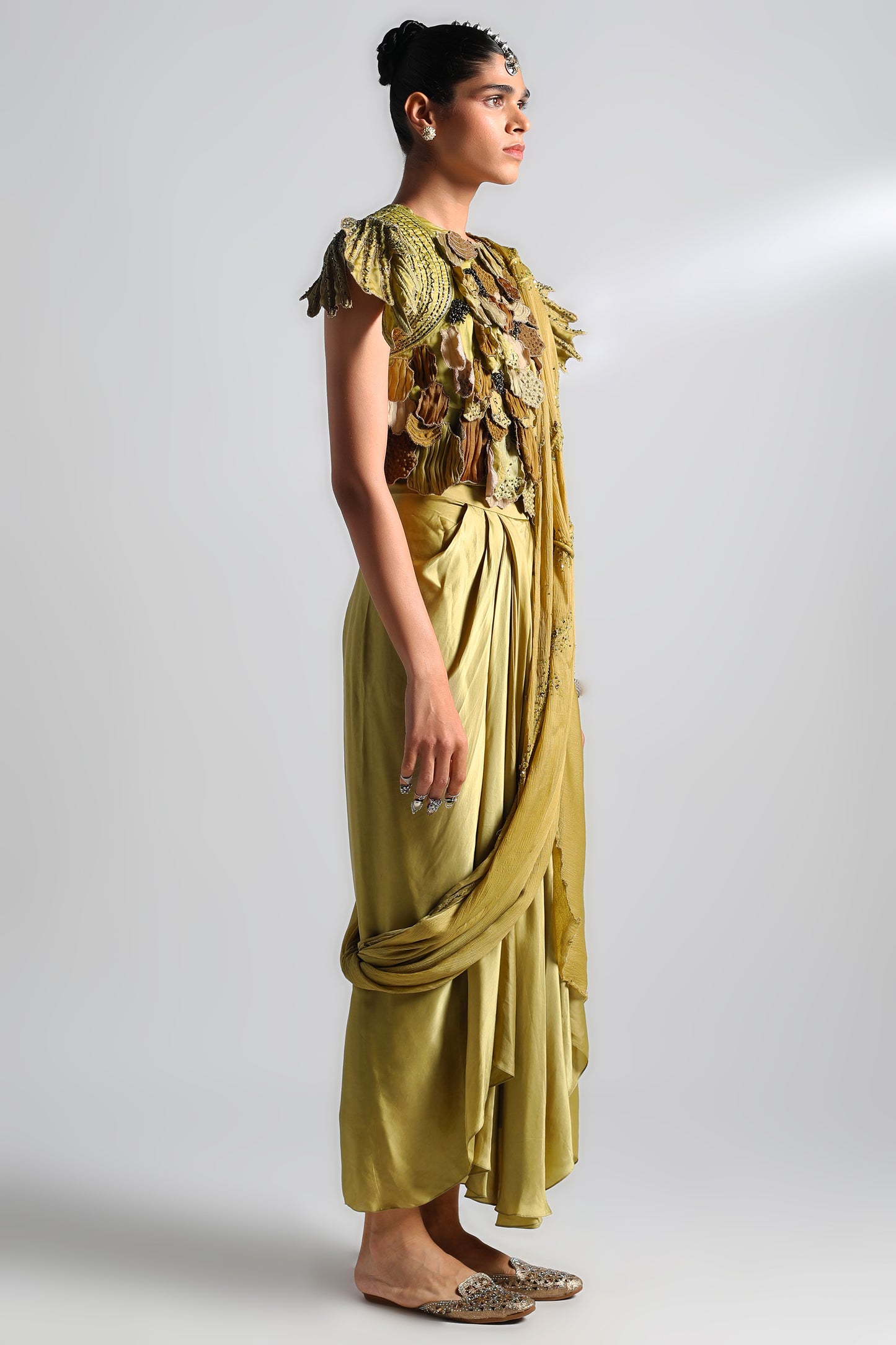 Side view of Mima Mounds skirt and top set with stole draping elegantly