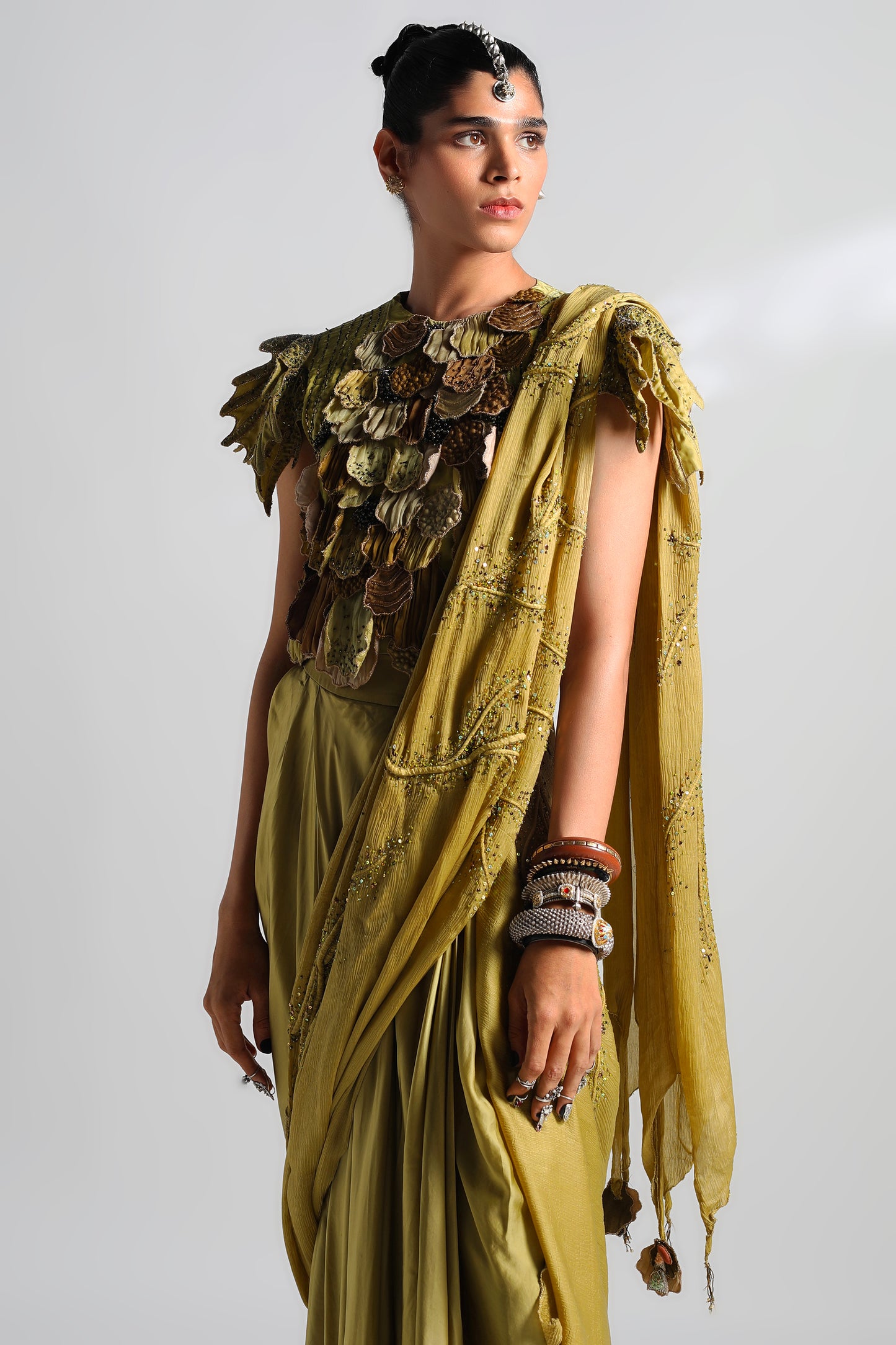Full view of Mima Mounds skirt and top set with stole and intricate leaf patchwork
