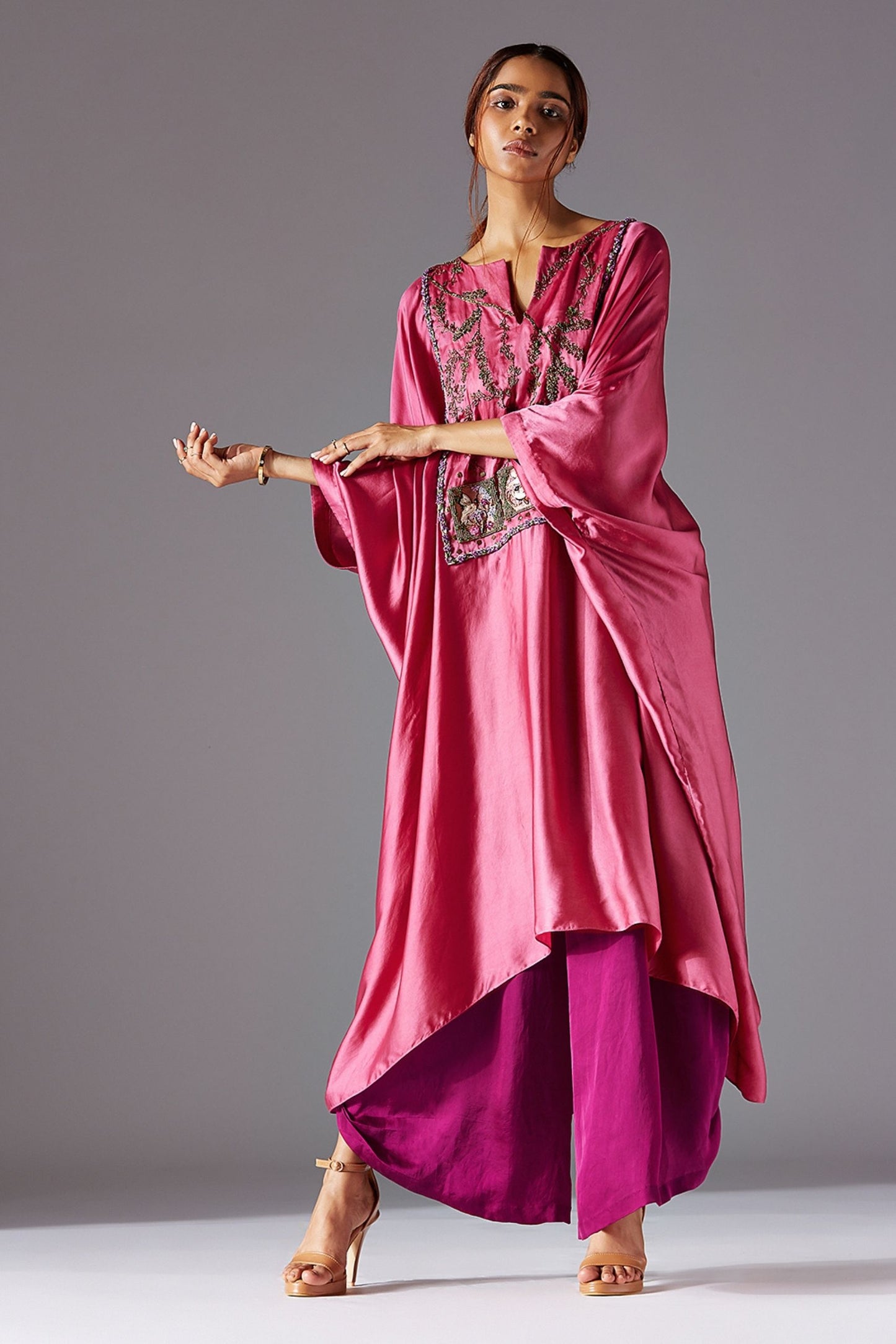 Jacobean Handwork on Elysian Jubba Kurta and Satin Draped Dhoti Set