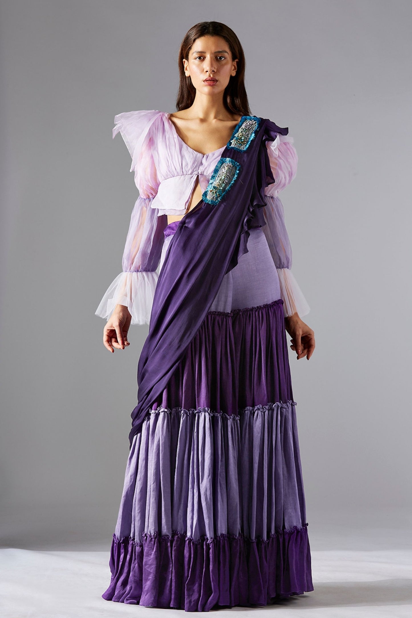 Blouse and sharara dress with 2-tone gharara and embroidered dupatta, featuring handmade textures in luxe fabrics