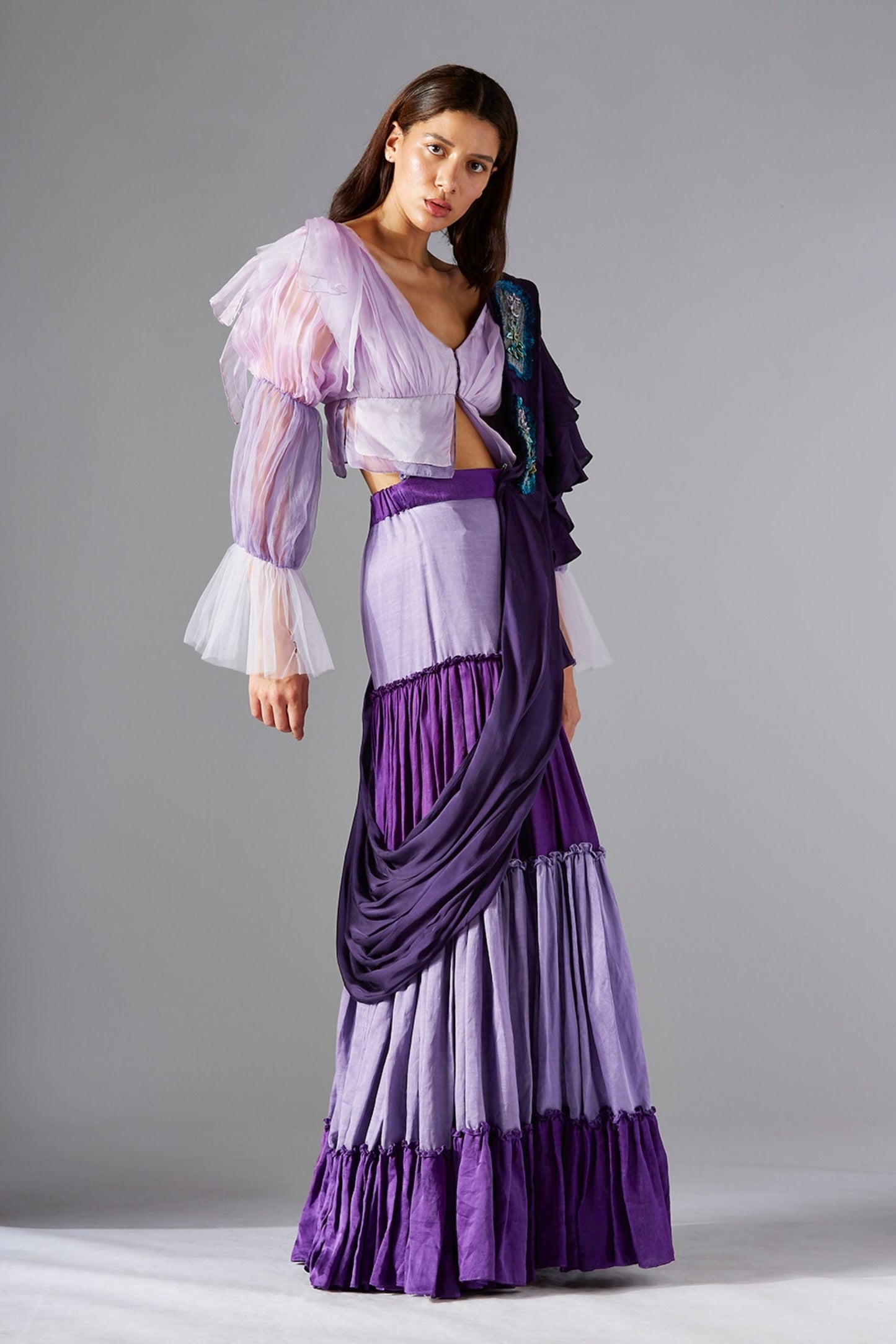 Blouse and sharara dress with 2-tone gharara and embroidered dupatta, crafted in luxe fabrics with handmade textures