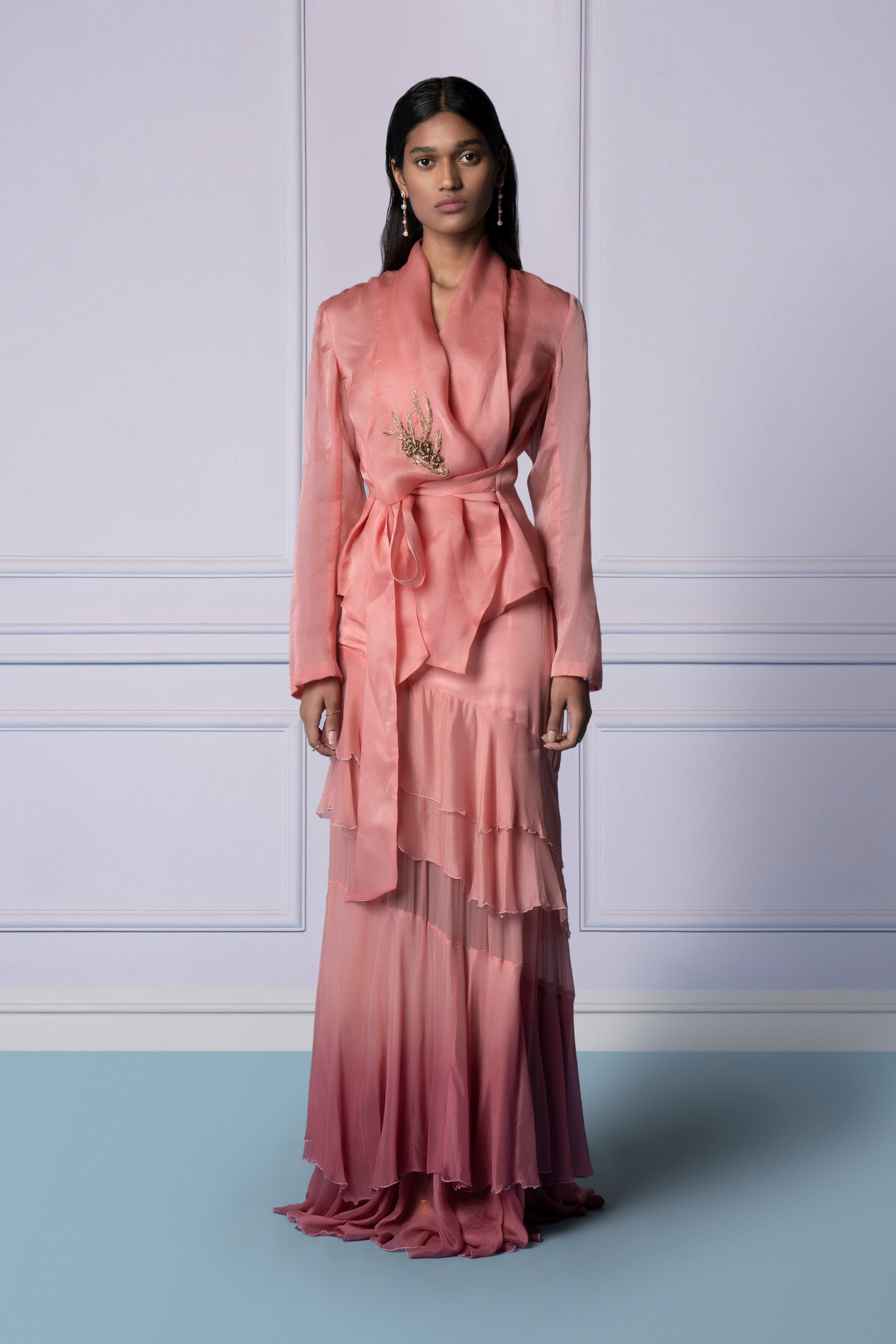 Pink jacket with metallic embroidery and layered ombré frill skirt set for women