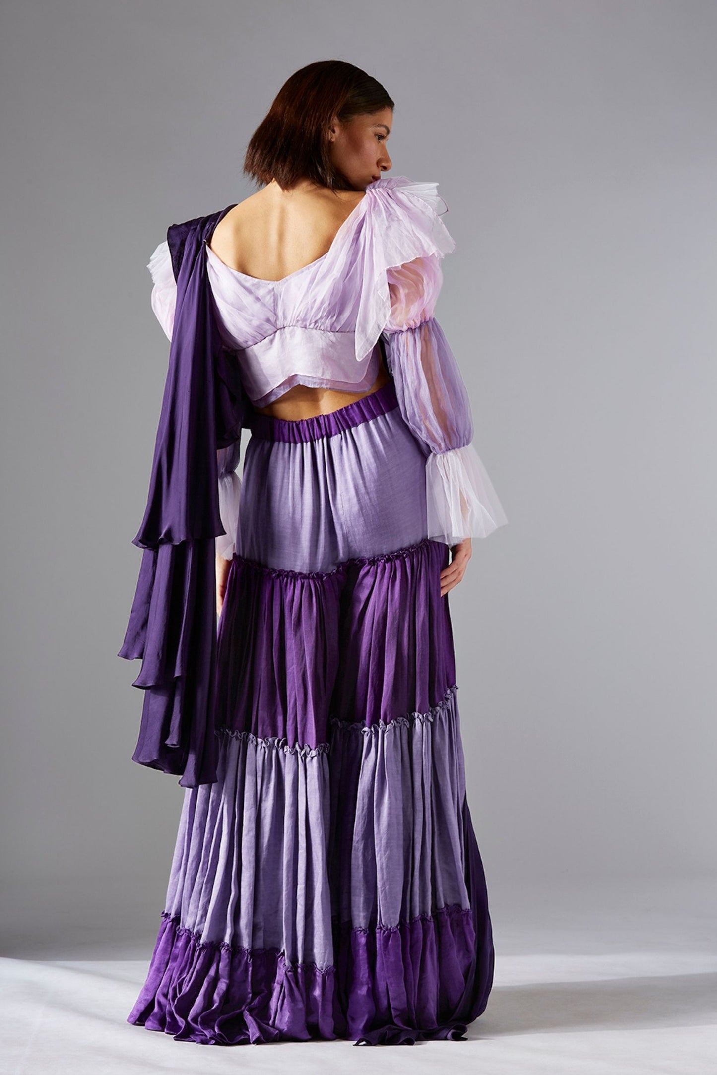 Back view of the blouse sharara dress, featuring the elegant design of the 2-tone gharara and embroidered dupatta