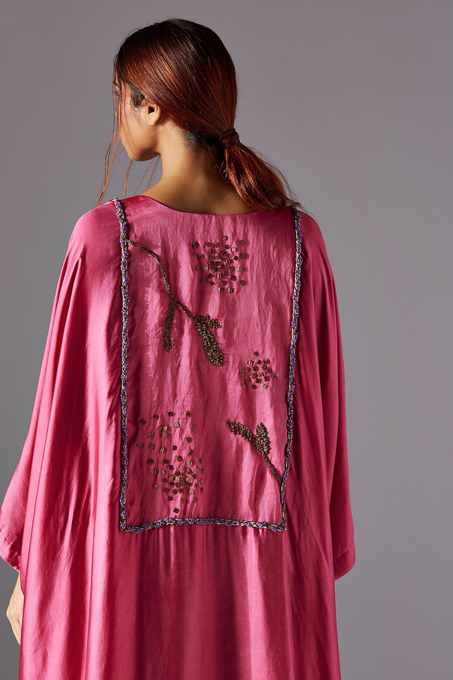 Back View of Elysian Jubba Kurta with Draped Satin Dhoti Set, Showcasing Jacobean Handwork