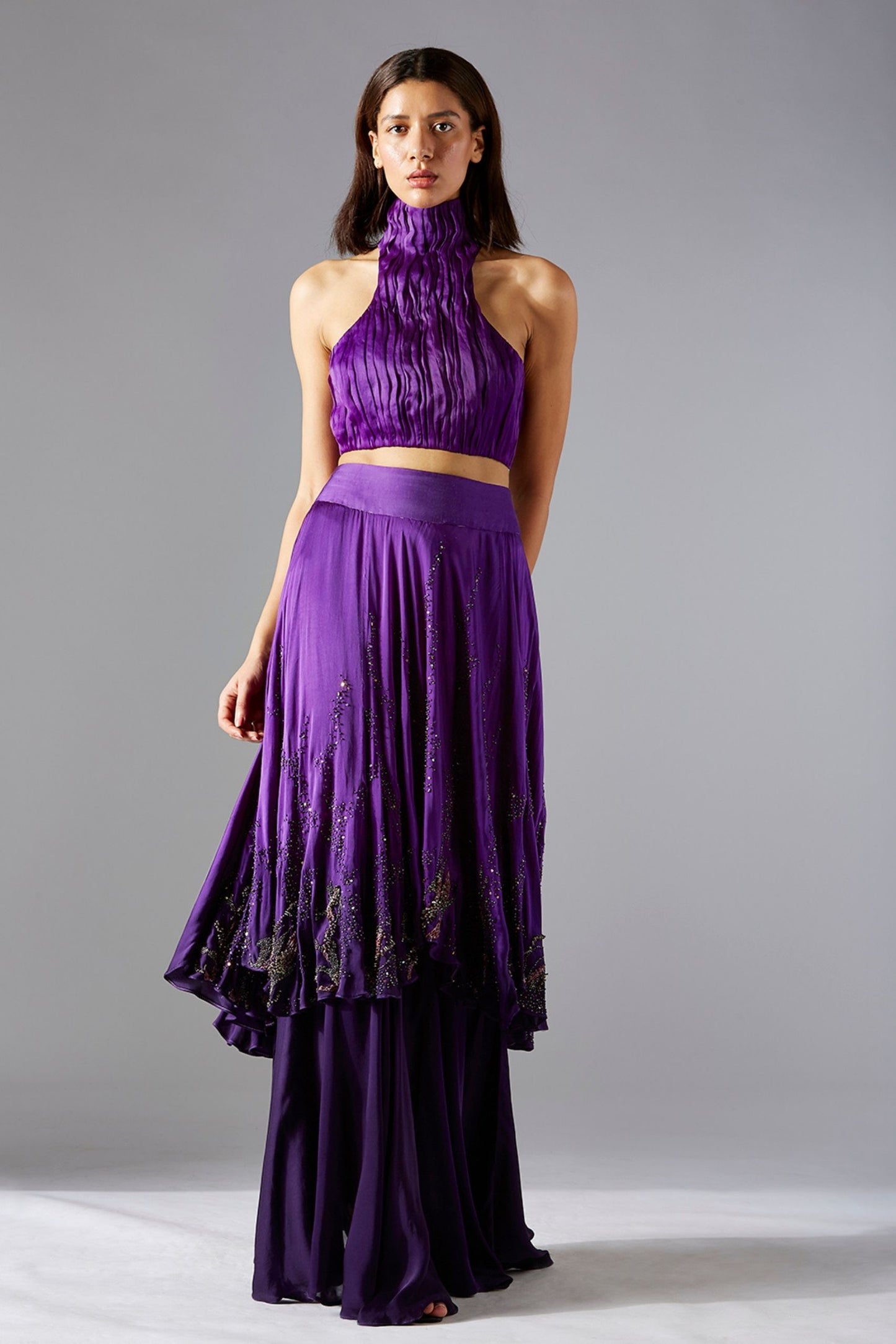 Full view of the trendy crop top, beaded layered skirt, offering a chic and elegant look