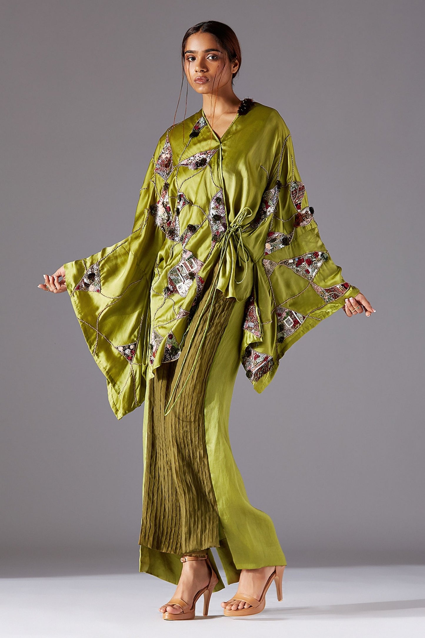 Shrubbery Kimono Embroidered Top and Stylish Pintuck Colorblocked Pants - Women's Contemporary Outfit