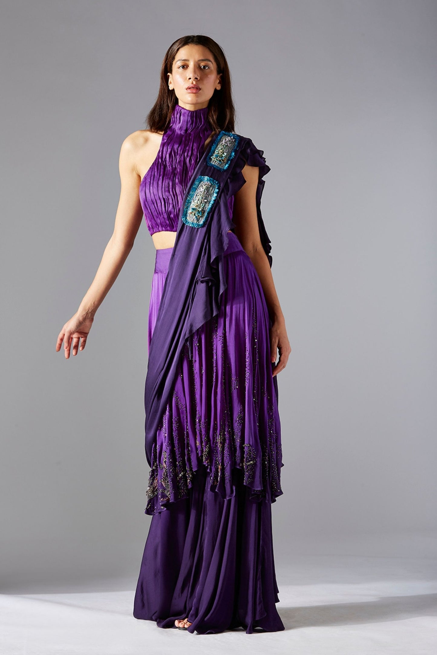Trendy crop top with beaded layered skirt and dupatta for women, a chic 3-piece set perfect for day or night