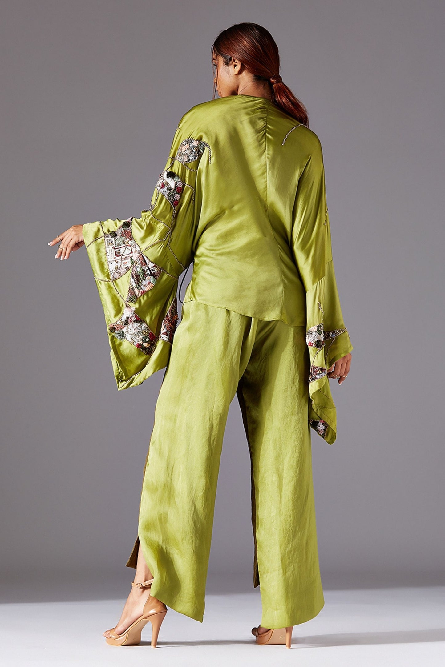 Back View of Shrubbery Kimono Top and Colorblocked Pants for Women - Unique Pintuck Design and Elegant Fit