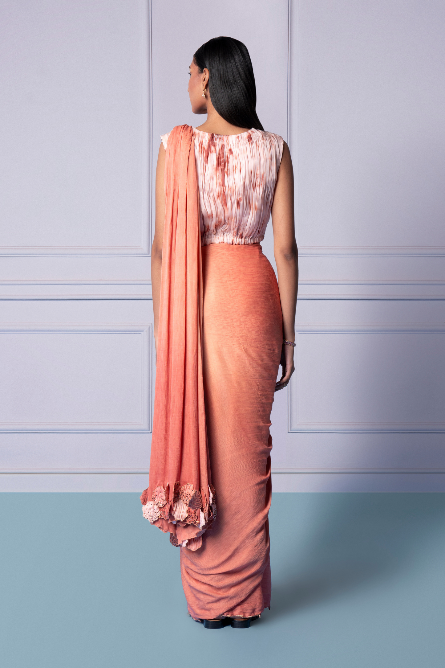 Back view of the Razor Back ruching top and multi-hued saree, showcasing the unique cut and stylish drape