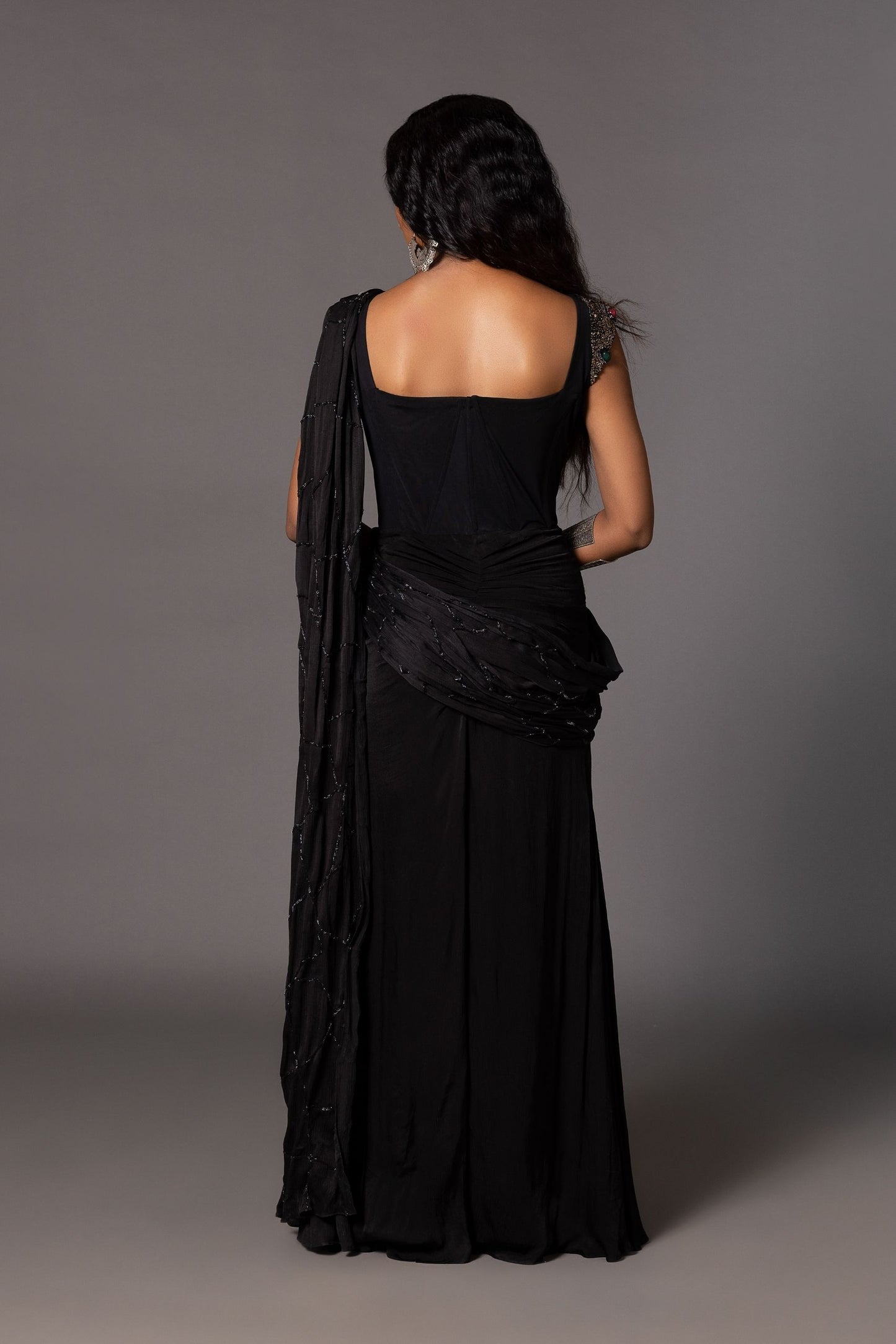 Back View of Kalbeliya Black Corset Sari with Draped Design and Belt