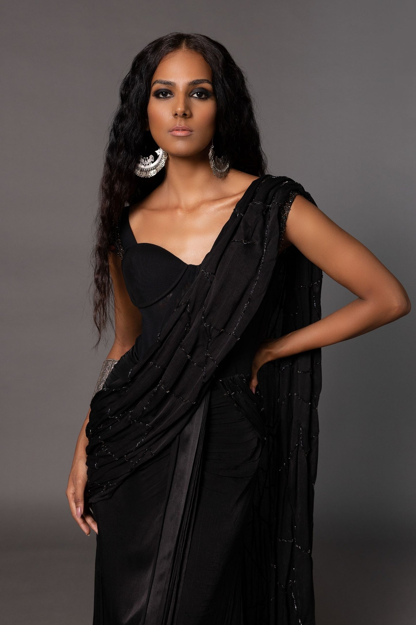 Close-up of Abstract Embroidery and Beaded Sleeves on Kalbeliya Black Corset Sari