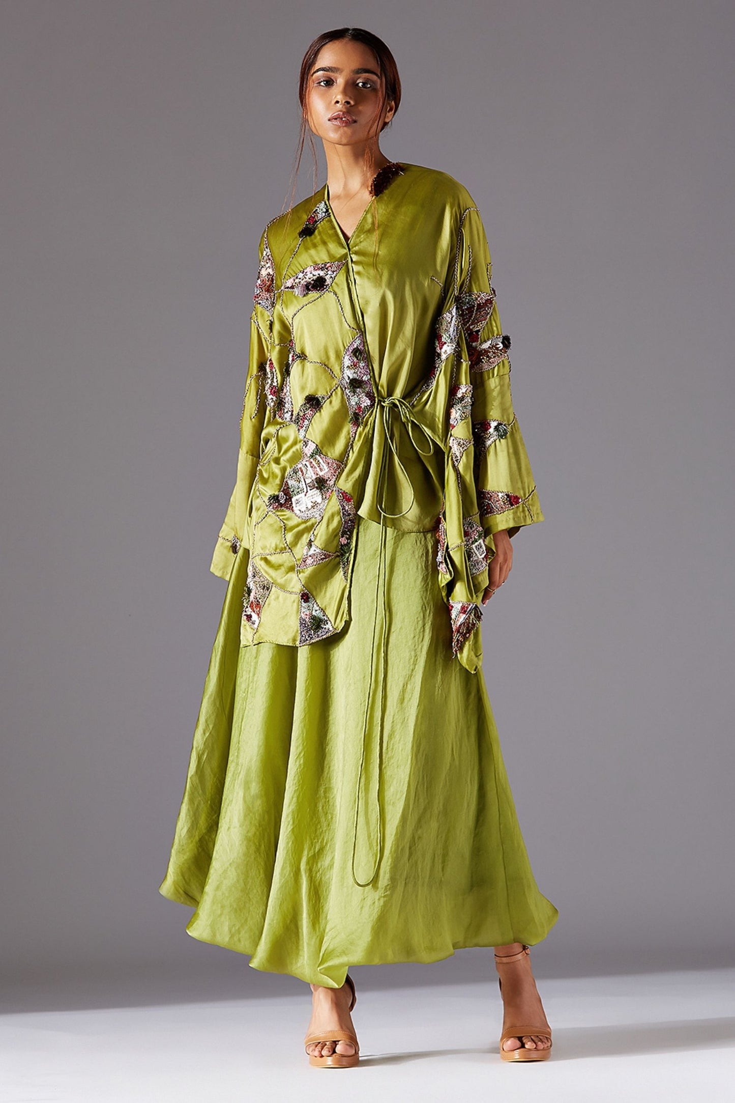Embroidered Kimono Top and Balloon Skirt Set for Women Featuring Intricate Jacobean Handwork - Stylish Outfit by A Humming Way