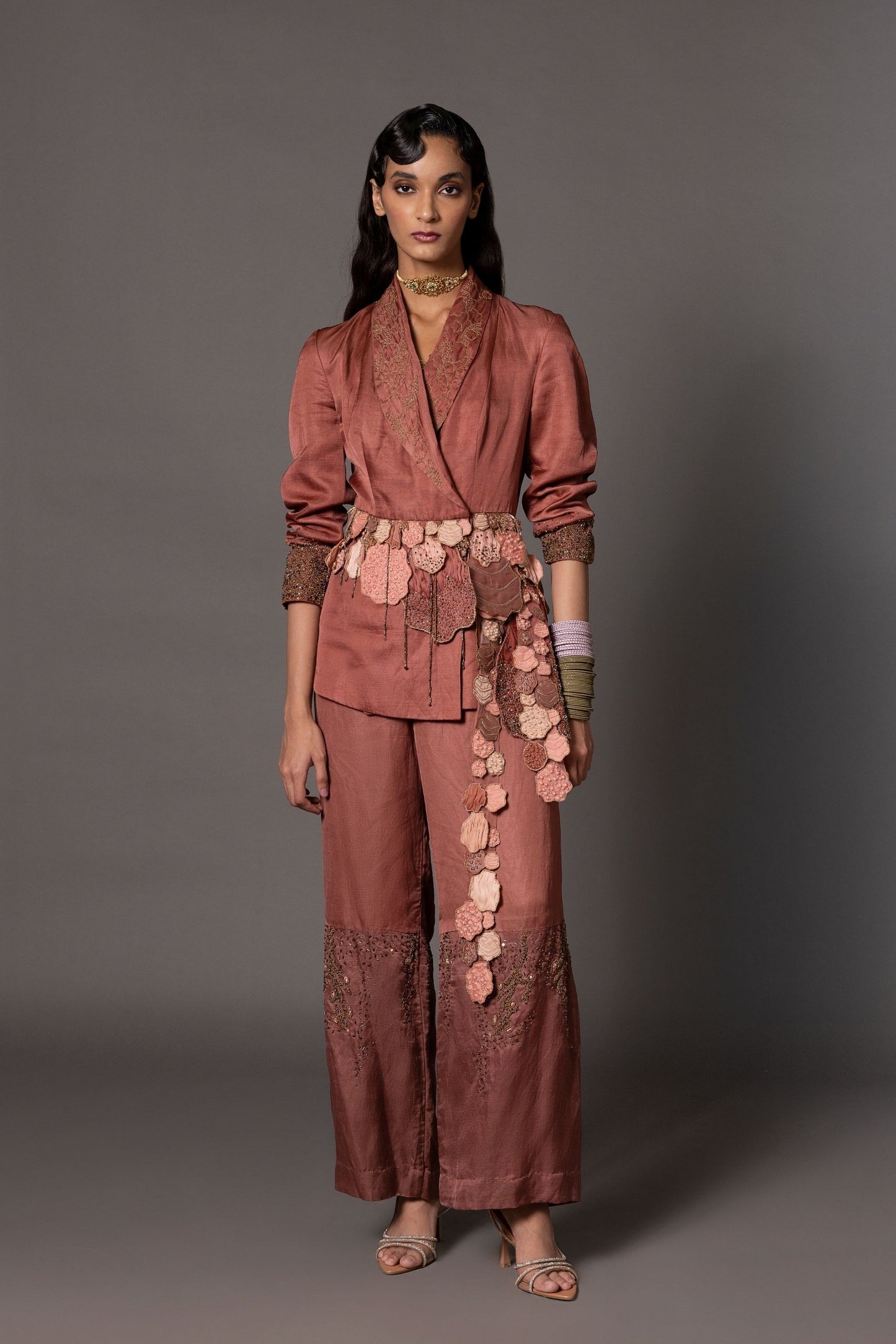 Full View of Desert Rose Terracotta Designer Jacket for Women - Tailored Silhouette with Elegant Details