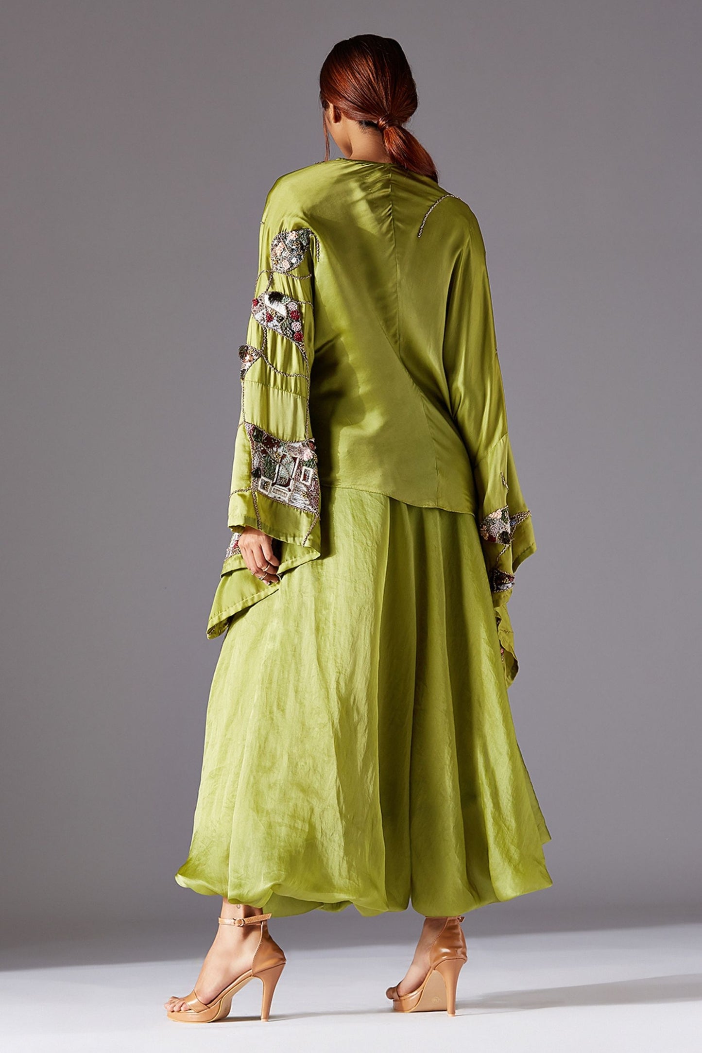 Back View of Elegant Balloon Skirt and Kimono Top with Embroidery for Women - Contemporary Outfit