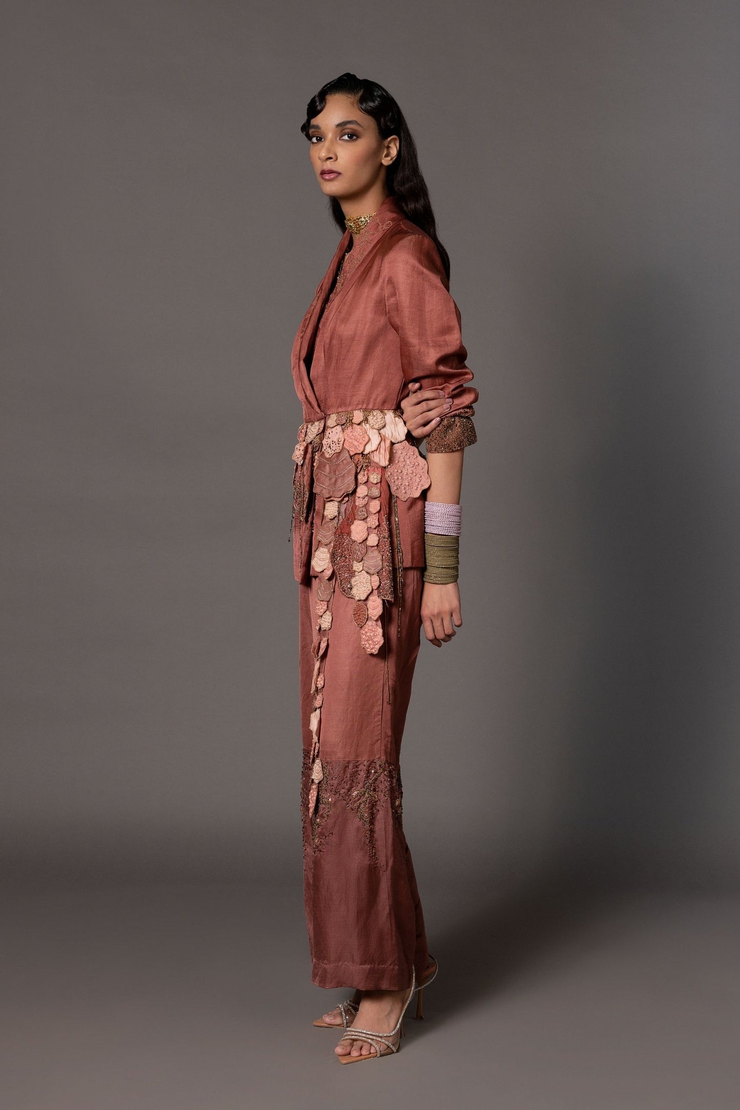 Side View of Desert Rose Embroidered Jacket with Beaded Trousers